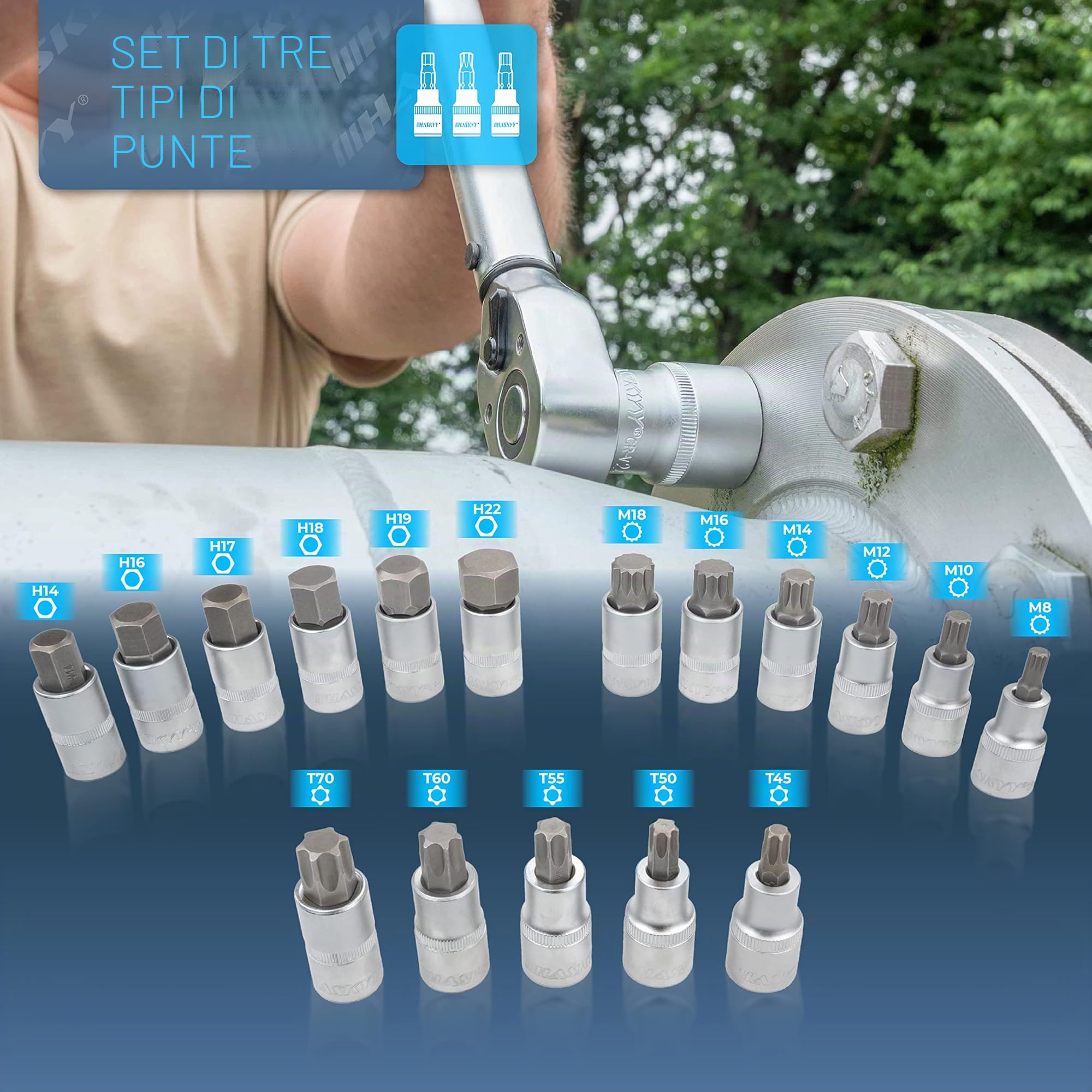 HASKYY Set di chiavi dinamometriche 1/2" 50-350 Nm per auto con molto accessori come prolunga, punte, inserti per dadi, adattatori