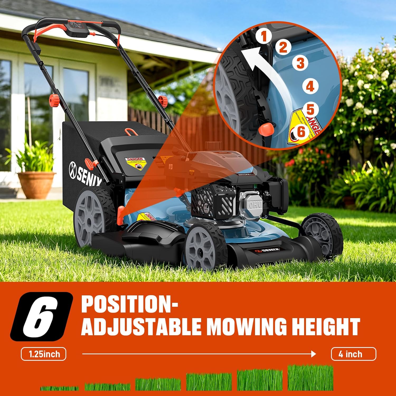 Person emptying a large capacity grass bag from a SENIX lawn mower into a wheelbarrow