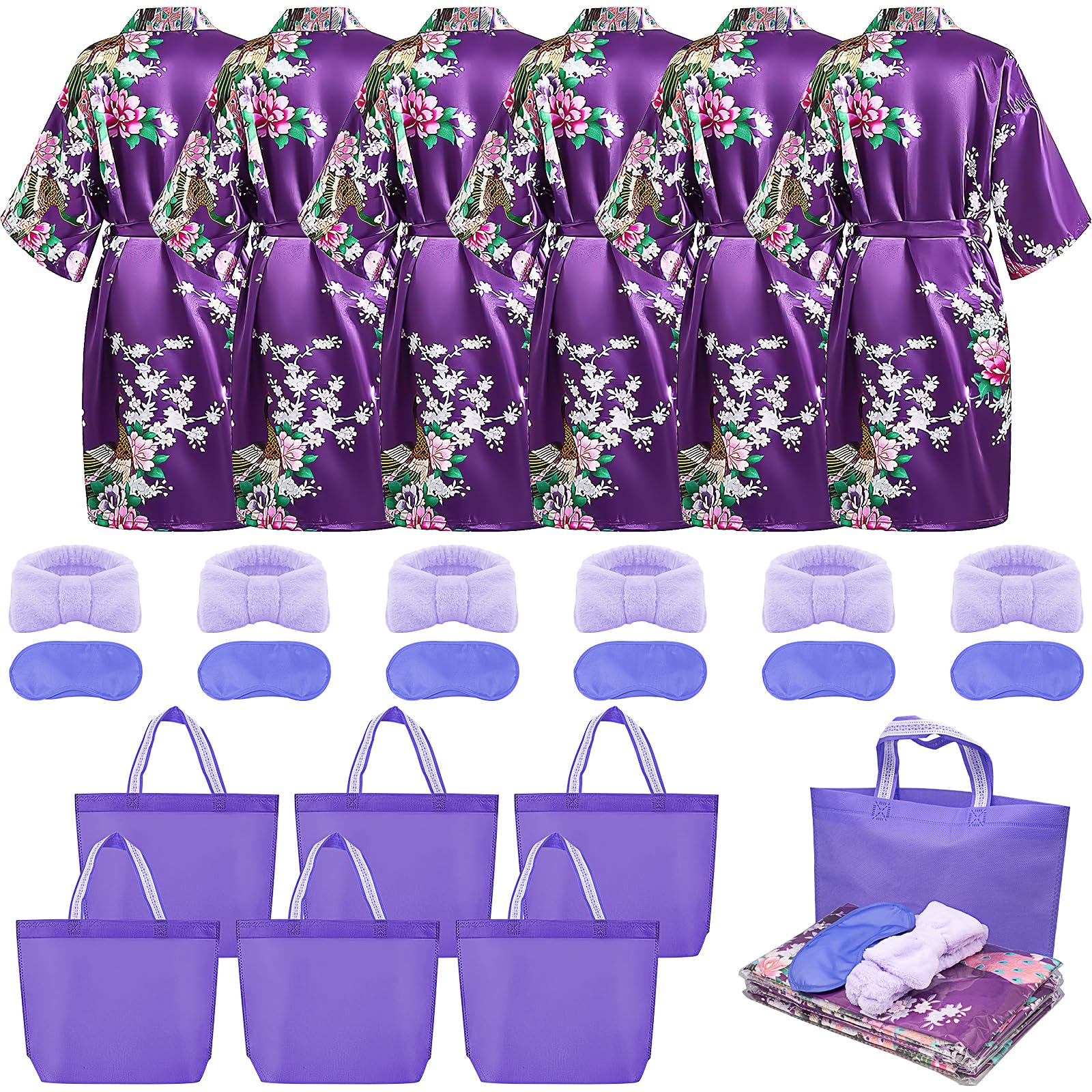 Peignoir, ensemble de fête spa pour filles – Comprend 6 peignoirs, 6 masques pour les yeux, 6 bandeaux, 6 sacs fourre-tout (style violet, taille étiquette 12), violet, 150