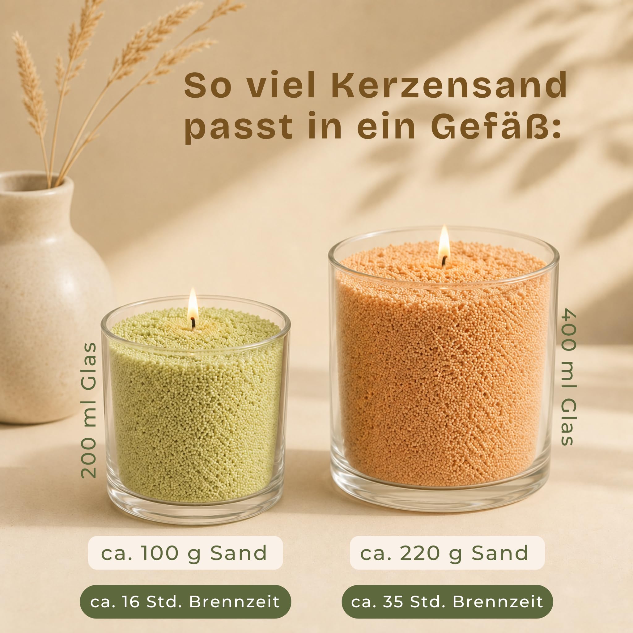 Geschenkset Elegance Kerzensand mit Duft 4x150g inkl. 12 Dochte | 96h Brennzeit. Pflanzenwachs, ohne Paraffin, rußarm. Vegan und nachfüllbar. Kerzensand mit Docht und Duft.