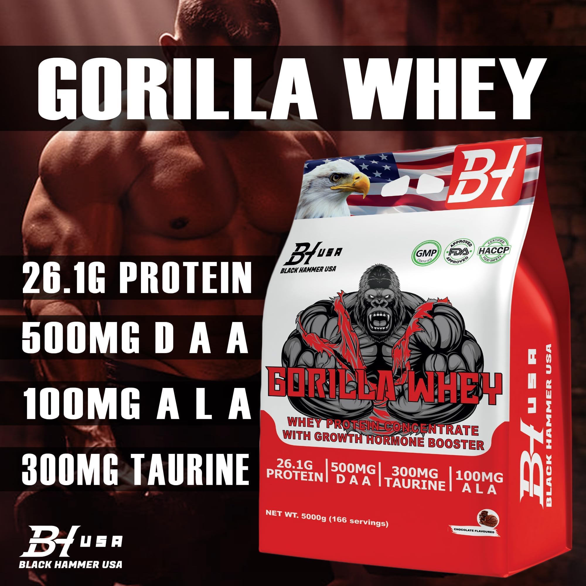 GORILLA Whey Protein - 5KG - Black Hammer USA - Protein Powder for Muscle Growth & Recovery + Free Gorilla BCAA Gift (5000g, Schokolade)