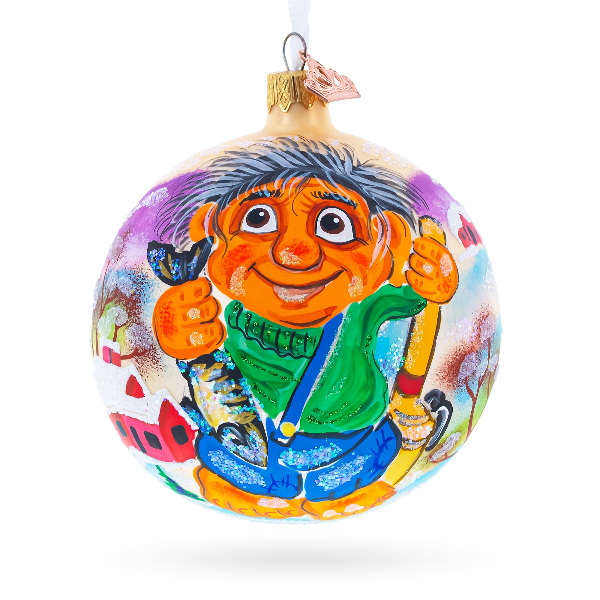 Boule de Noël en verre Troll Pêcheur 10 cm pour décoration sapin traditionnelle
