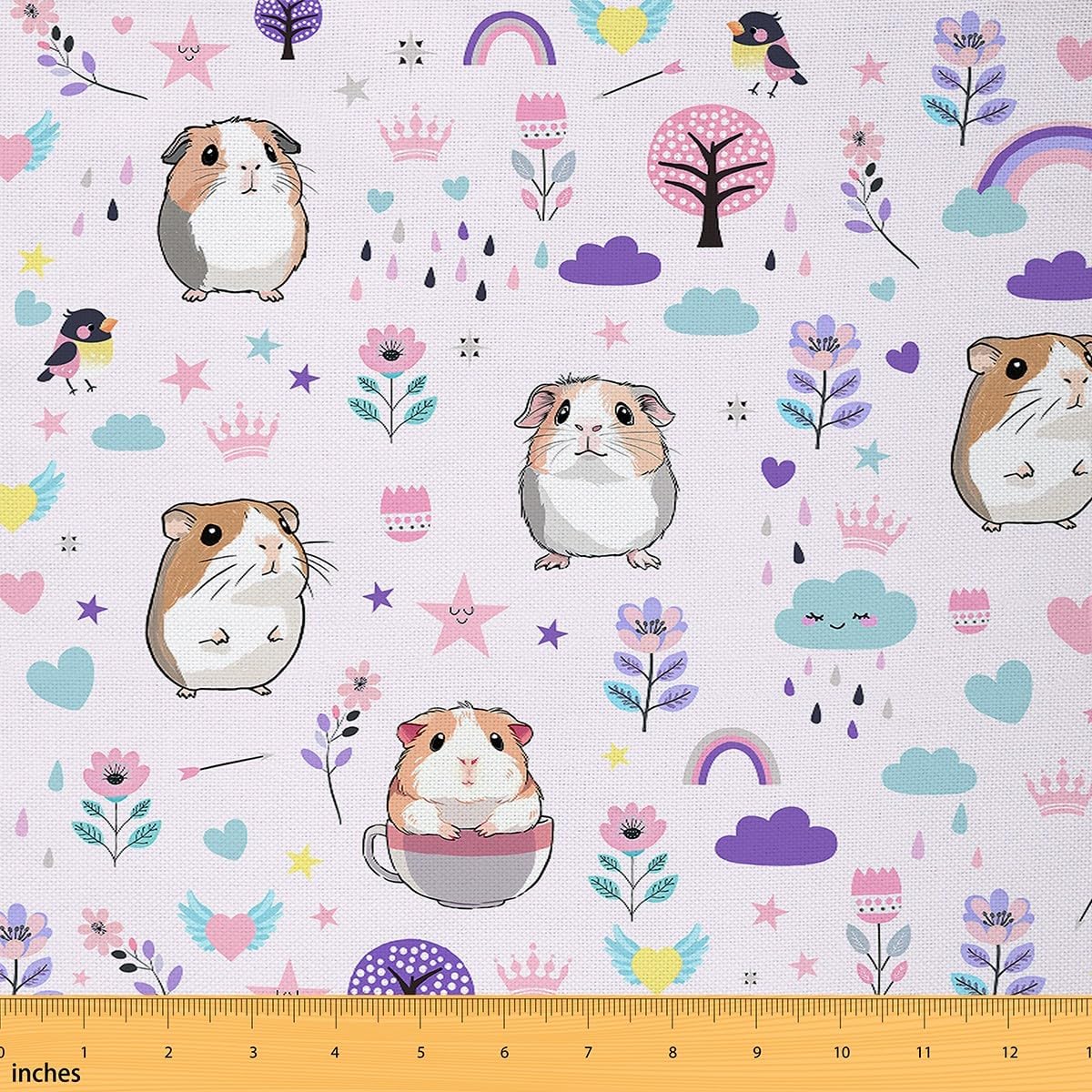 Erosebridal Guinea Pig Fabric by The Yard,Cartoon Guinea Pig Upholstery Fabric for Quilting Sewing,Kawaii Botanical Floral Plants Decorative Fabric,Romantic Galaxy Crown Rainbow Fabric,3 Yards