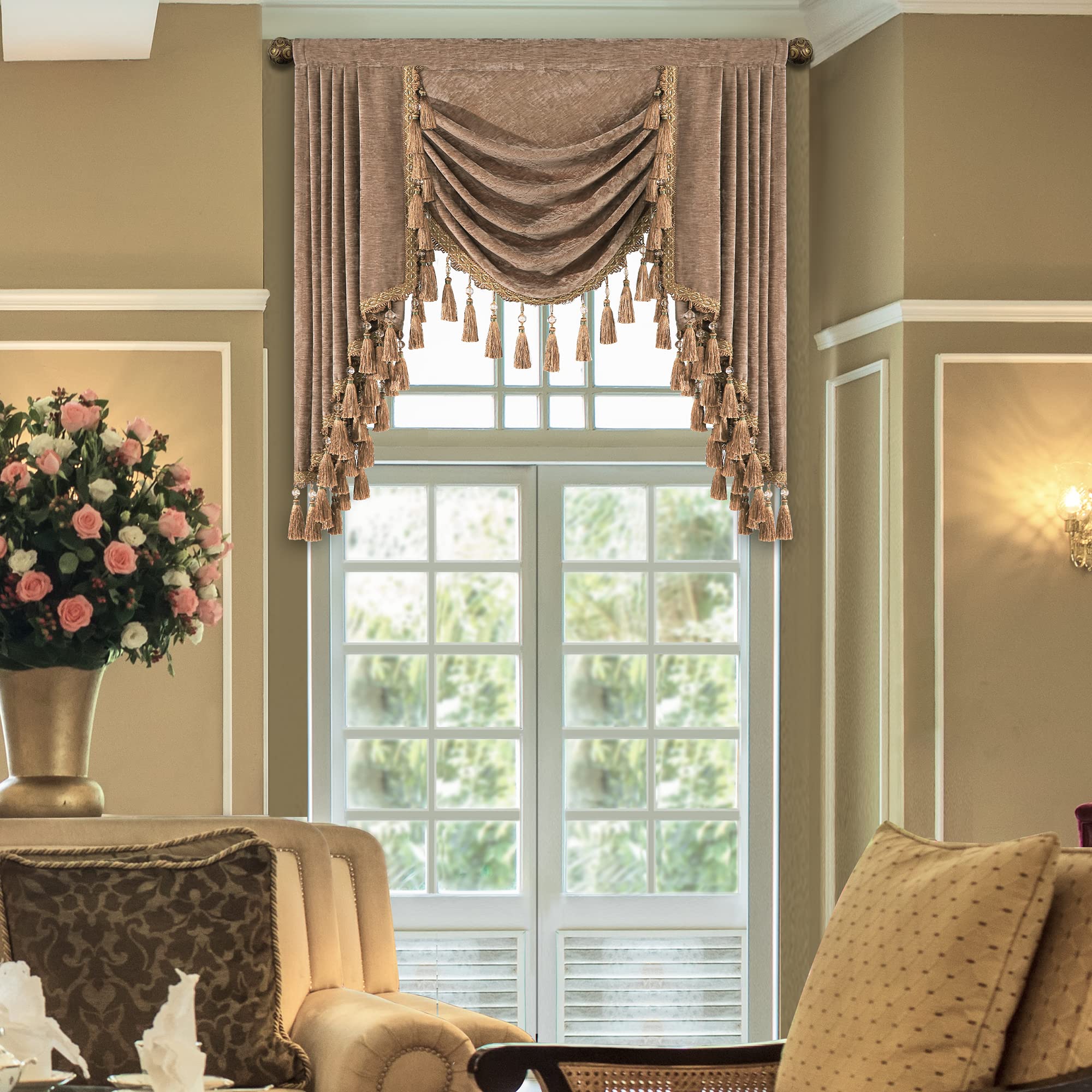 Loom and Mill Thick Chenille Waterfall Valance for Living Room, Luxury Swag Valances with Multi-Tassels & Pendant, Coffee Swag Curtains for Bedroom Kitchen Dining Room Window Decor(W39Inch,1 Panel)