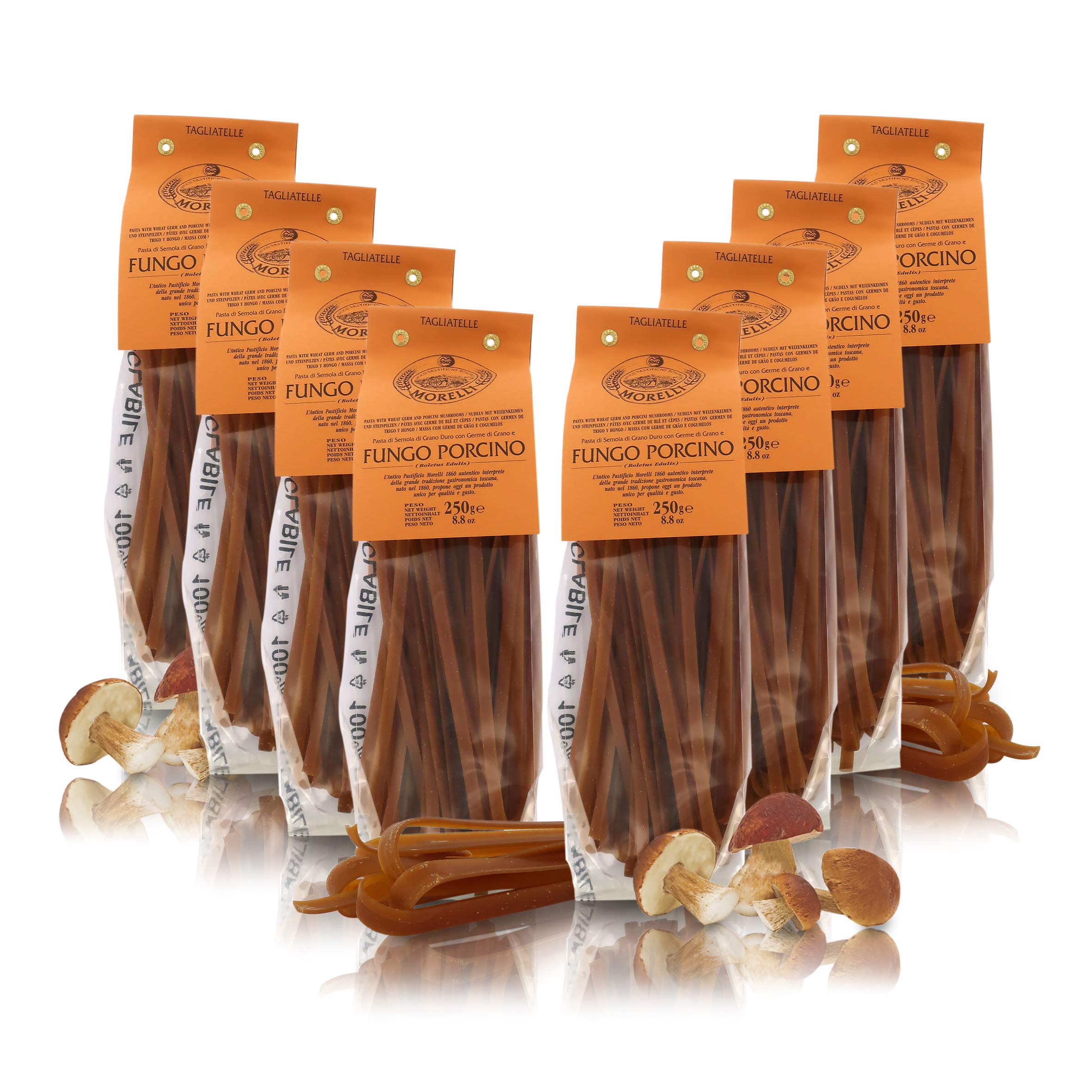 Antico Pastificio Morelli 1860 Srl Tagliatelle al Fungo porcino, Pasta aromatizzata, 8 Confezioni da 250 Grammi