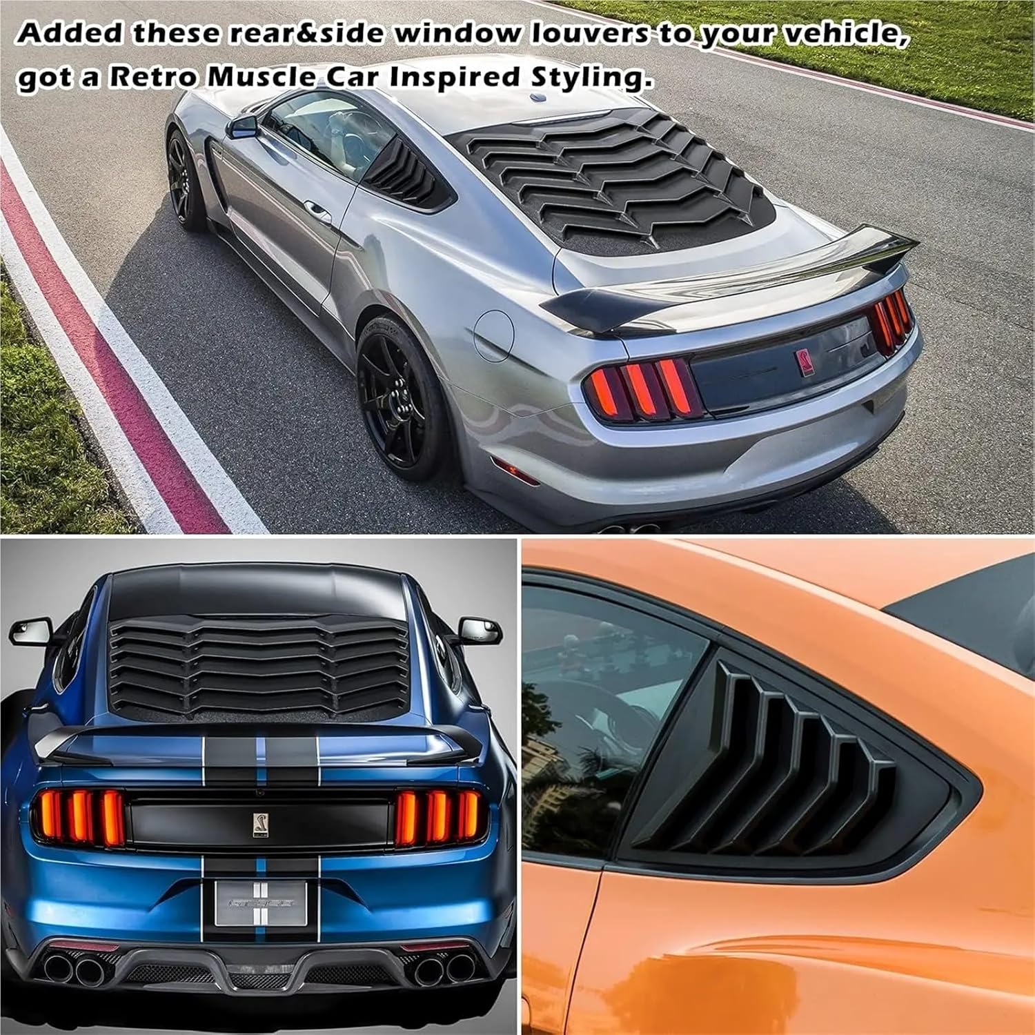 Rear & Side Window Louvers Windshield Sun Shade Cover Compatible for Ford Mustang 2015-2023 in GT Lambo Style ABS Matte Black