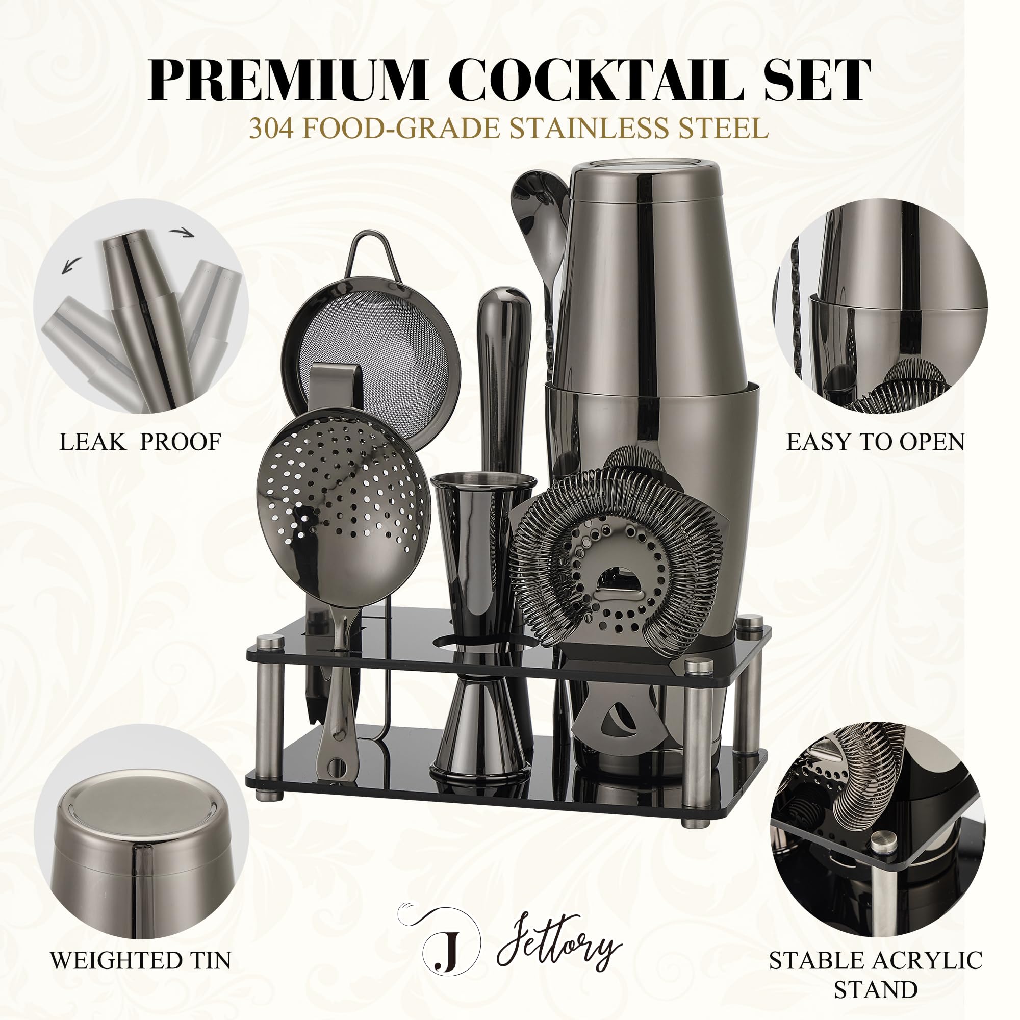 Boston - Juego de 10 cocteleras de acero inoxidable con base acrílica, colador, pinzas para hielo, cuchara de bar, vaso medidor, mortero – Perfecto para el bar en casa (negro)