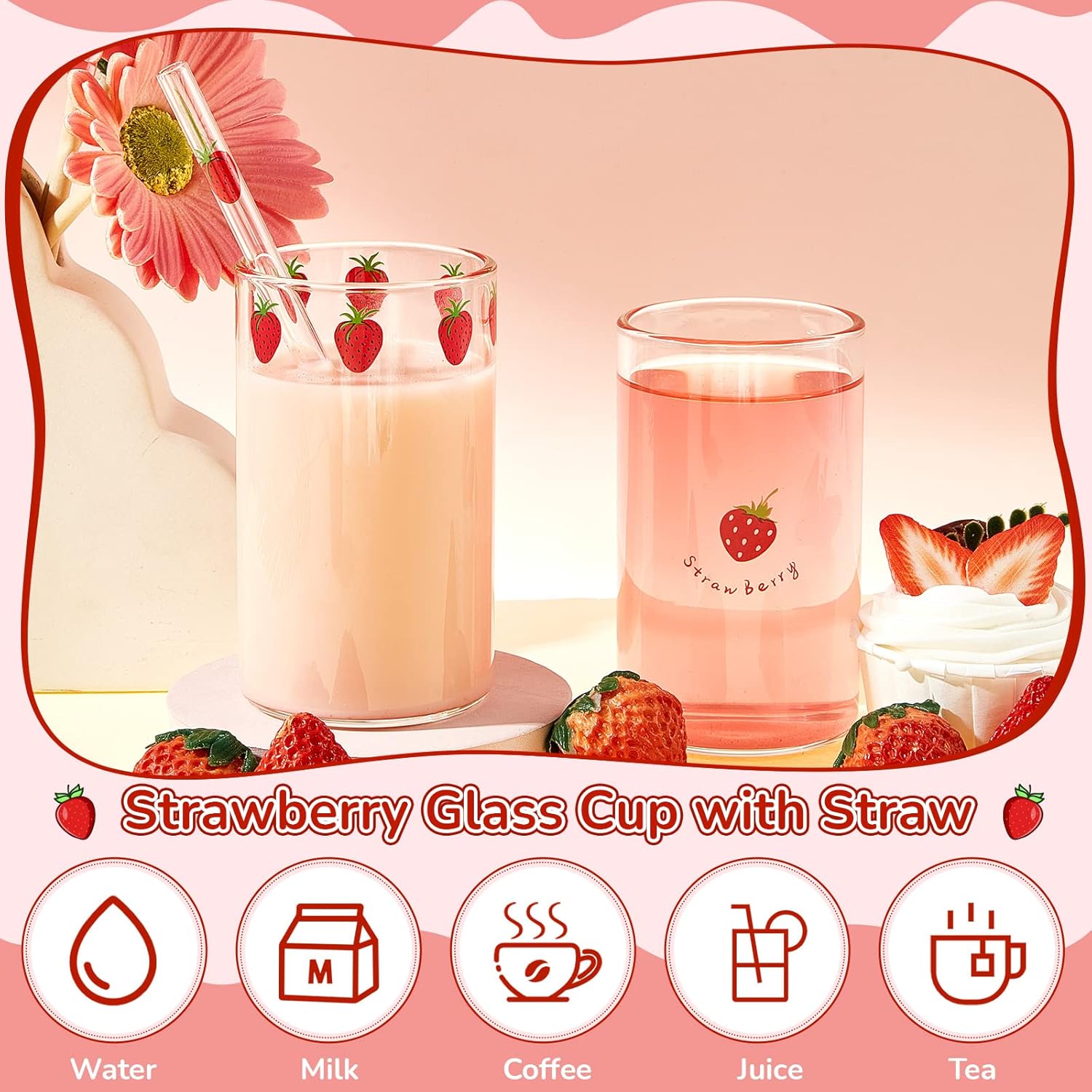 Tessco for you 2 Sets Strawberry Cups Nana Strawberry Glass Cup with Straw Glass Tumbler Drinking Cherry Clear Tumbler Berry Pattern Glasses Bottle for Juice Water Milk Coffee Tea(Cute) - Image 3