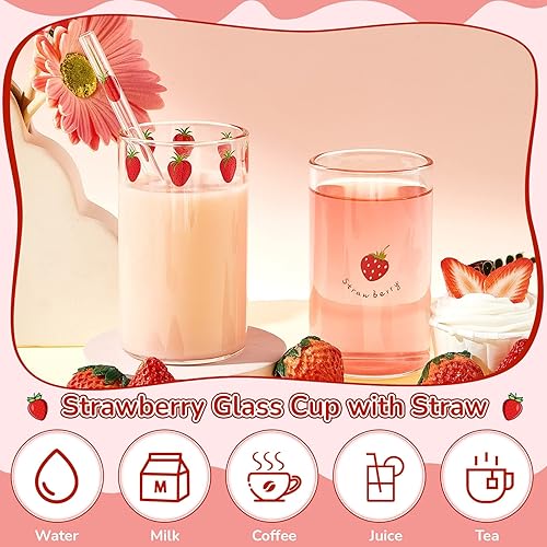 Miniatura 3 de Tessco for you 2 juegos de tazas de vidrio de fresa Nana con popote para beber, diseño de cerezas, con diseño de bayas, para jugo, agua, leche,