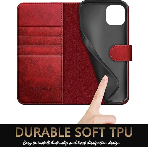Miniatura 6 de DuckSky Funda tipo cartera de piel auténtica para iPhone 13 de 6.1 pulgadas con bloqueo RFID, 4 tarjeteros para tarjetas de crédito. Cuero