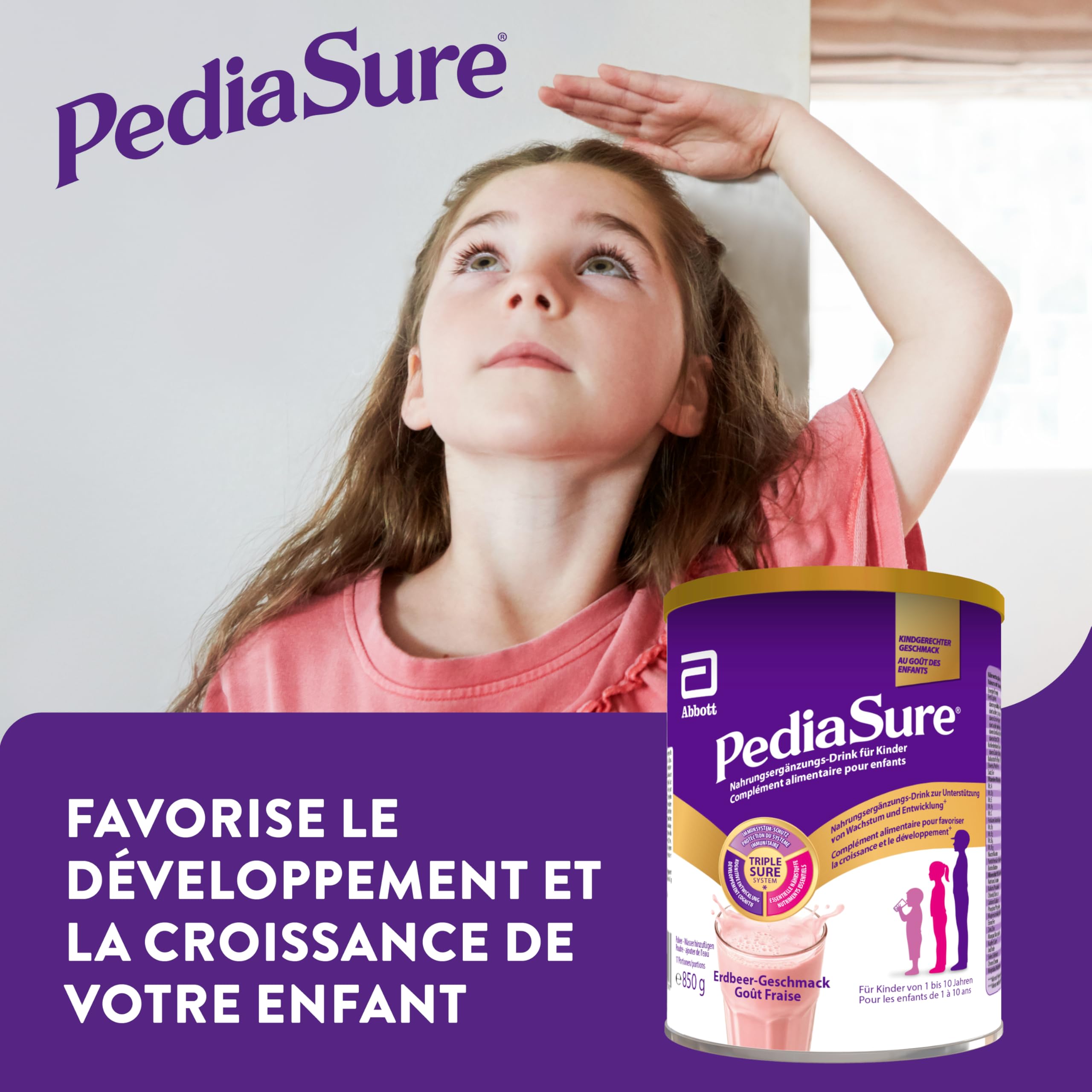 PediaSure Shake Fraise - Complément alimentaire pour enfants - Shake contenant multivitamines et minéraux, des protéines et des oméga 3 et 6 - À partir de 1 an - 1 x 850 g