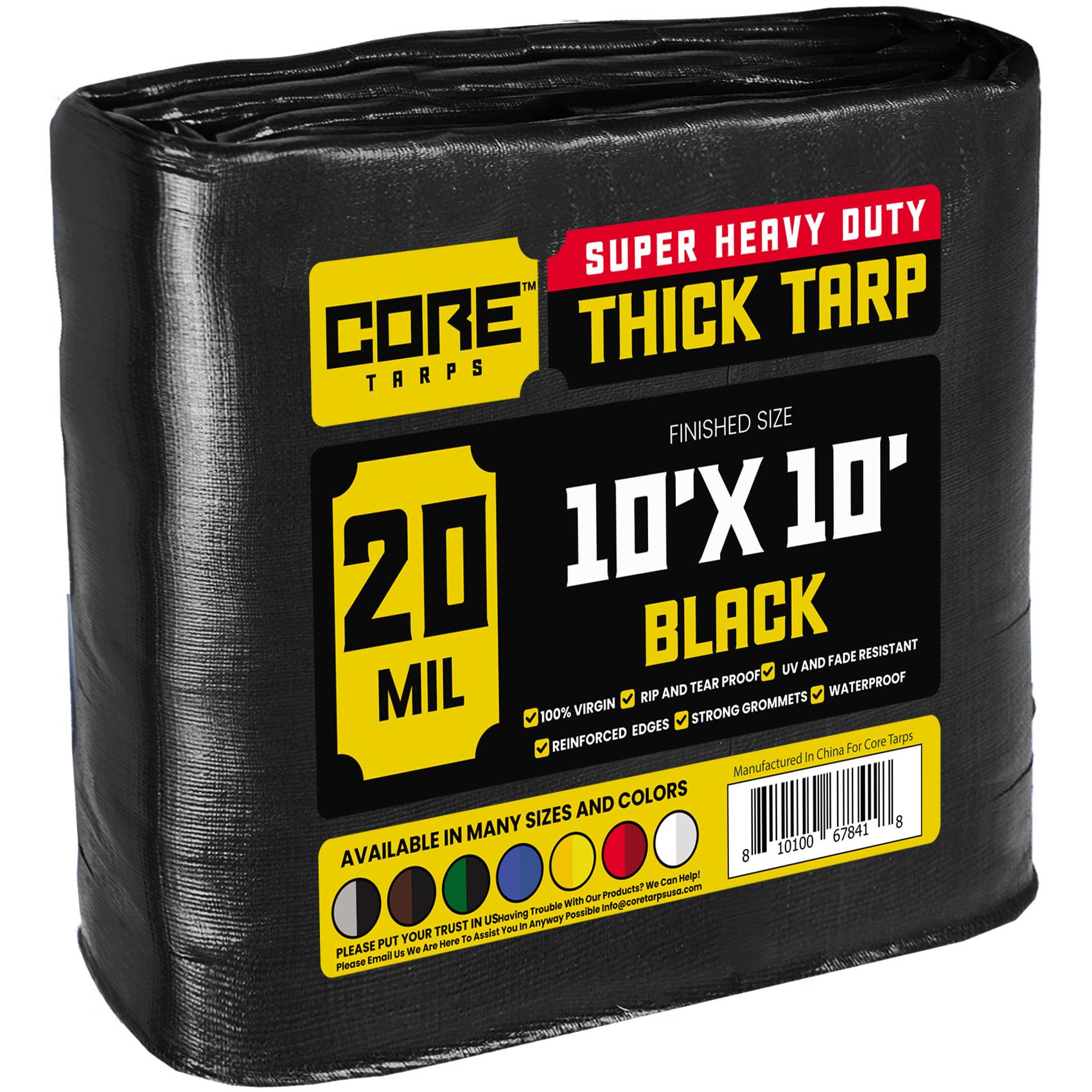 Core Tarps Extreme Heavy Duty 20 Mil Tarp Cover, Waterproof, UV Resistant, Rip and Tear Proof, Poly Tarpaulin with Reinforced Edges for Roof, Patio, Pool, Boat (Black 10′ X 10′)