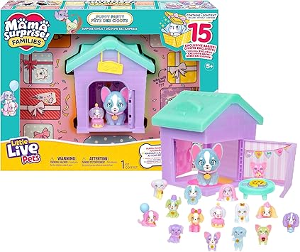 Little Live Pets Dog House Playset, Mama Surprise Families Puppy Party Pack, 15 Mini Collectible Puppies, Fold-Out Dog Playset Toy Gift for Kids 5+
