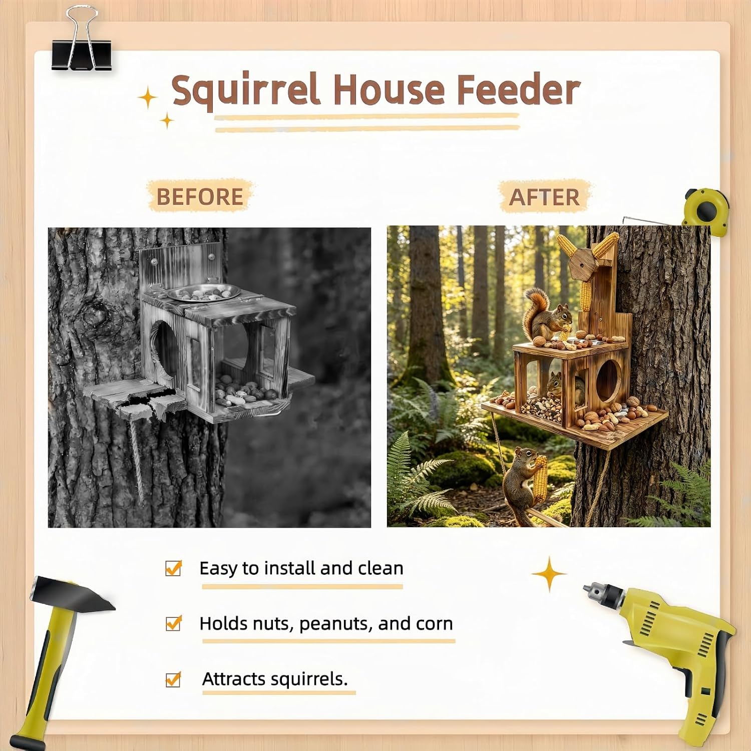 Multifunctional Squirrel Feeder with 3 Ears Spinner Corn Cob Holder
