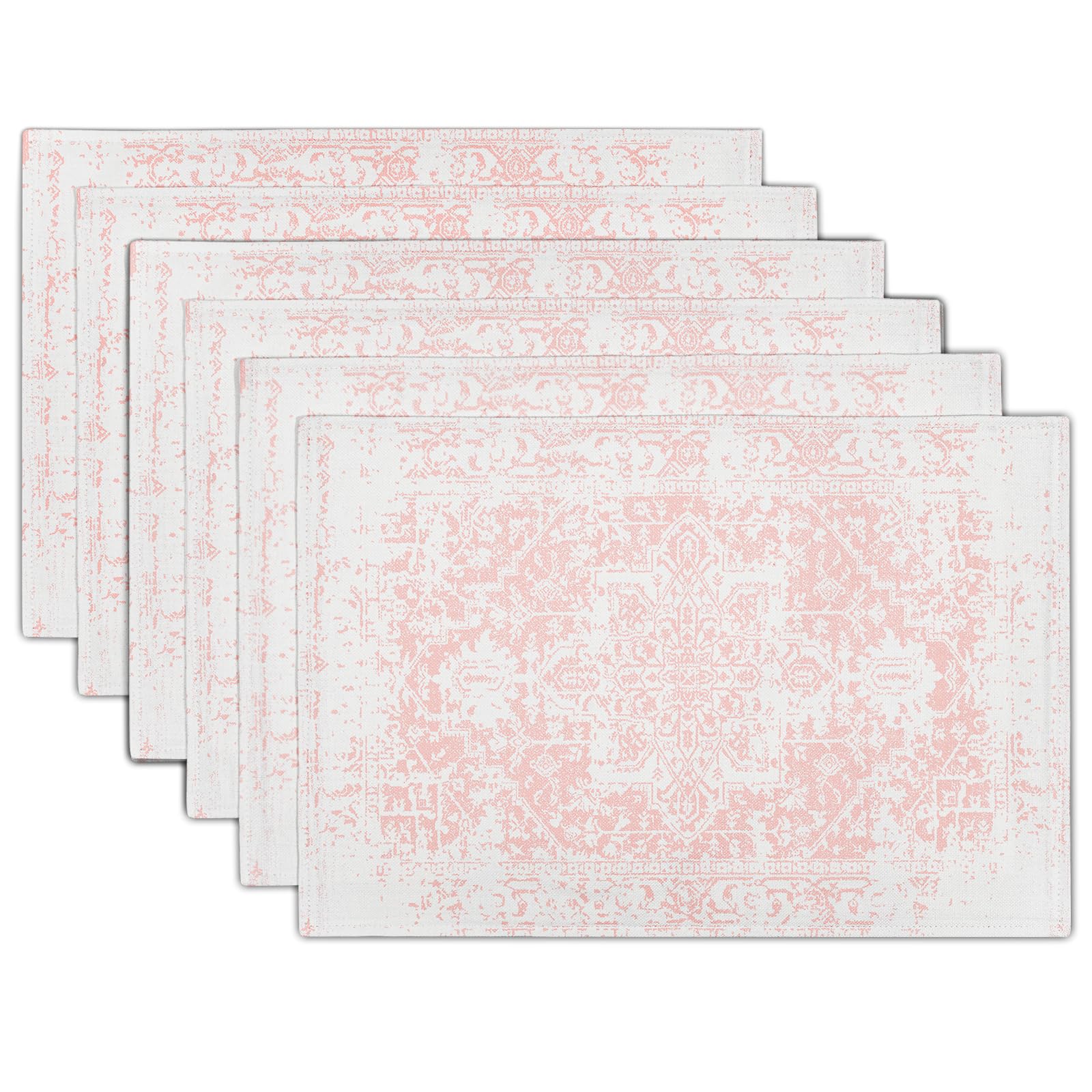 Gray Pink Boho Placemats Set of 6 Ethnic Bohemian Carpet Place Mats Washable Kitchen Dining Vintage Grey Geography Floral Linen Table Mats Stain Heat-Resistant for Home Party Indoor 12x18 in