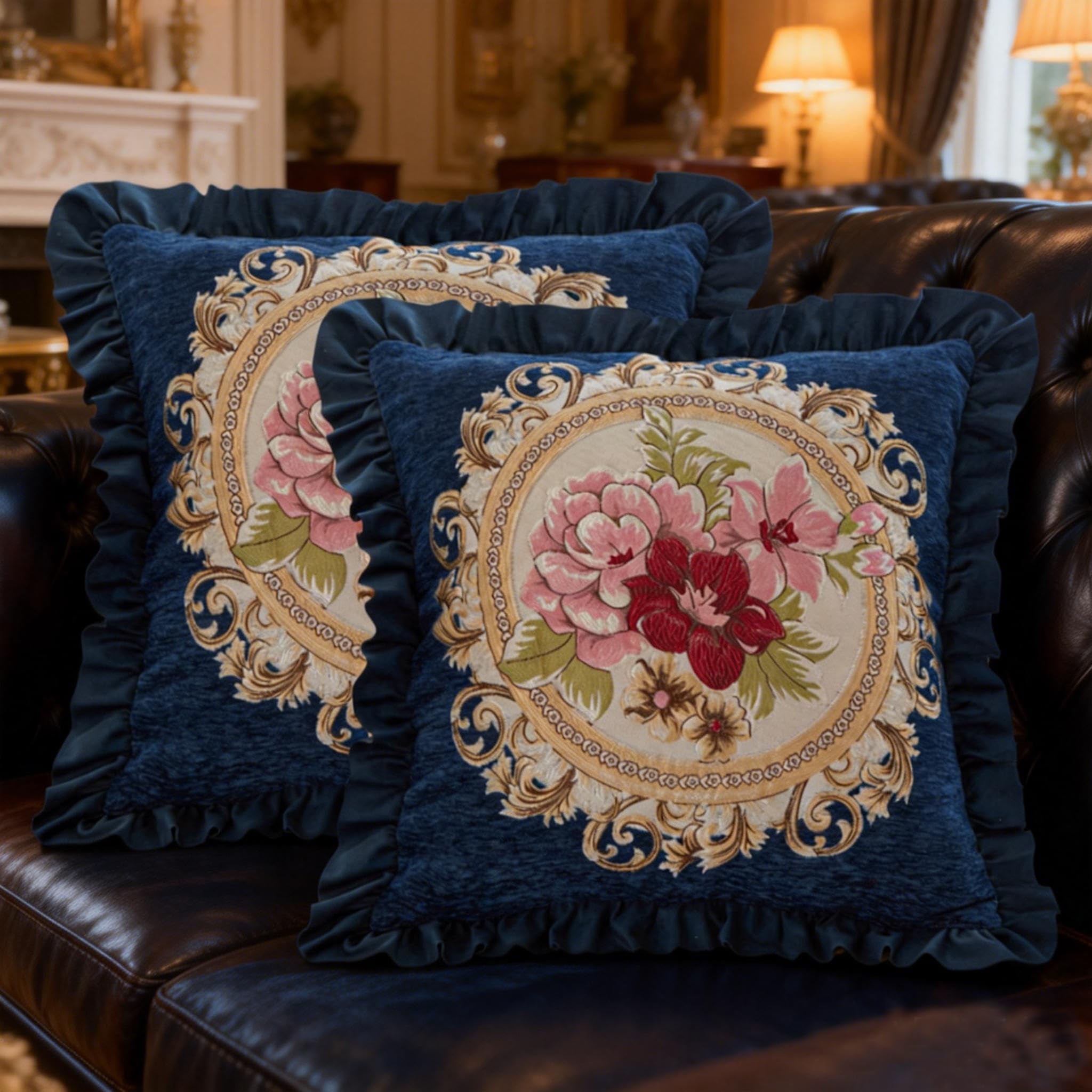 Qupace Set of 2 Vintage Blue Pillow Covers 18x18in for Sofa Couch,Blue Embroidered Pillows Covers for Living Room, Floral Embroidered Cushion Cover