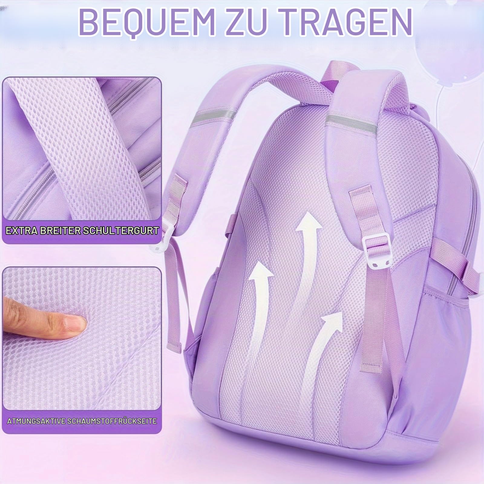 Amythe Set Schulrucksack Mädchen 3. bis 7. Klasse fur Schule | Schulranzen mit Lunch Tasche Federmäppchen für Schule Reisen für 15.6" Laptop-Lila, 22L