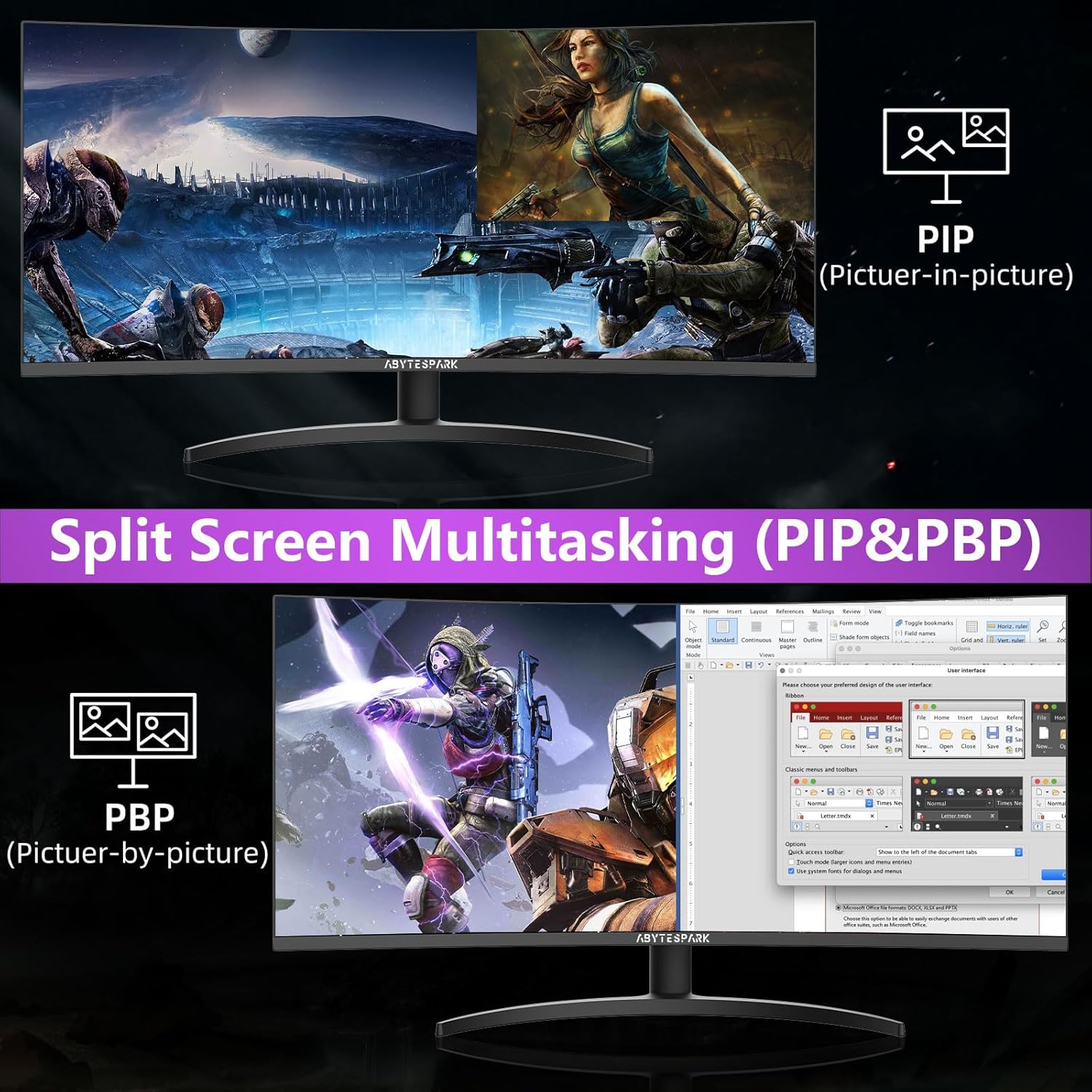 Image showing the monitor displaying two different input sources side-by-side (PBP) and one source as a smaller overlay on another (PIP).