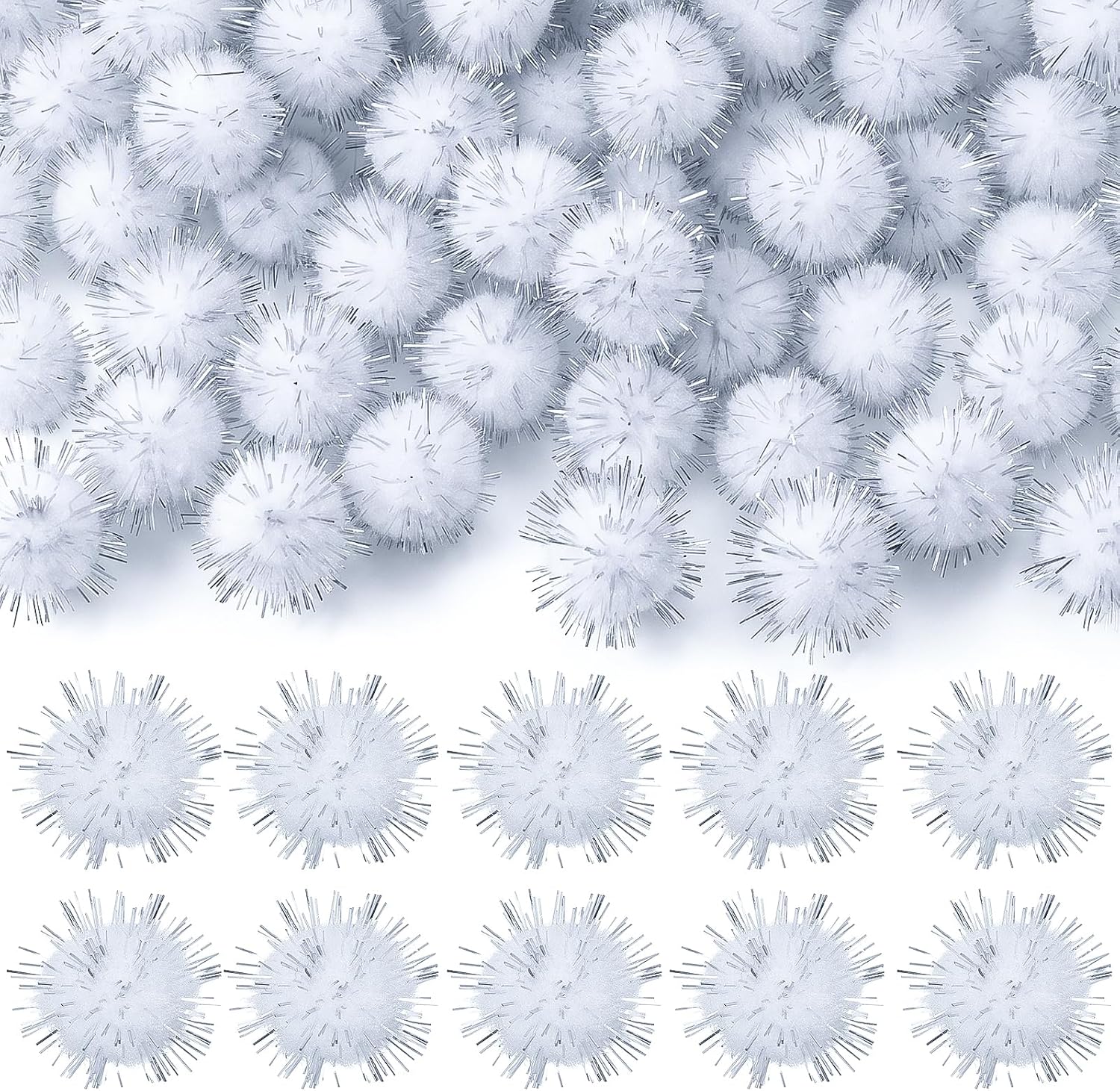 White Pom Poms 2cm Glitter Tinsel Sparkle Pompoms