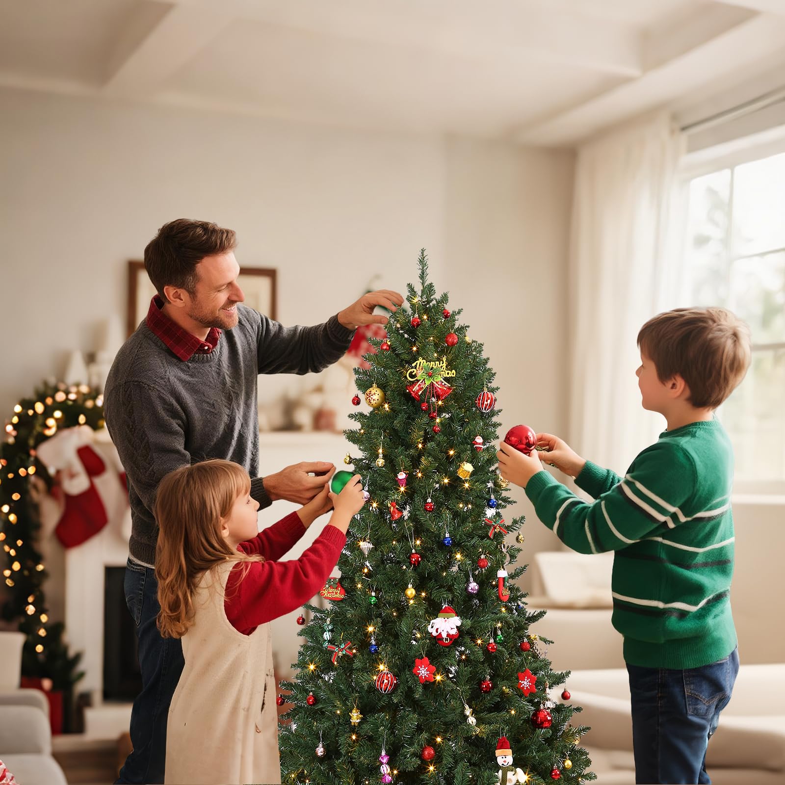 Rollingsurfer Sapin De Noël Artificiel Pré-Éclairé 180CM, Sapin Pin Premium À Charnières, 300 Lumières LED Multicolores, 1000 Pointes de Branches, 11 Modes d'Éclairage pour la Maison et Les Fêtes