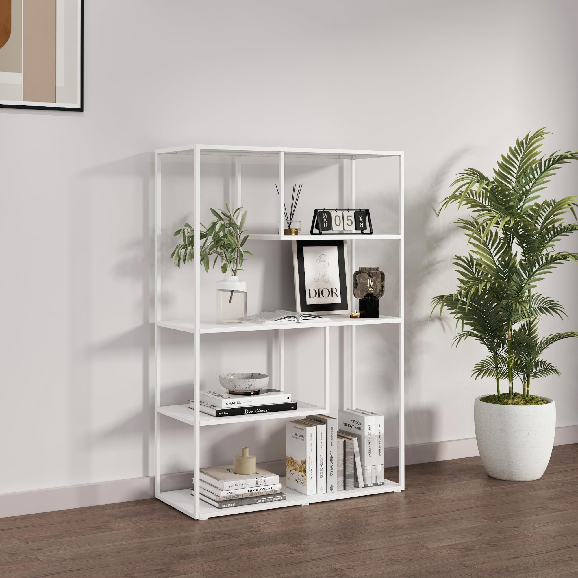 [en.casa] Librería de 4 Niveles Estantería Independiente con 2 Estantes Pequeños y 2 Grandes Biblioteca Oficina Sala Acero 126 x 85 x 35 cm - Blanco Mate