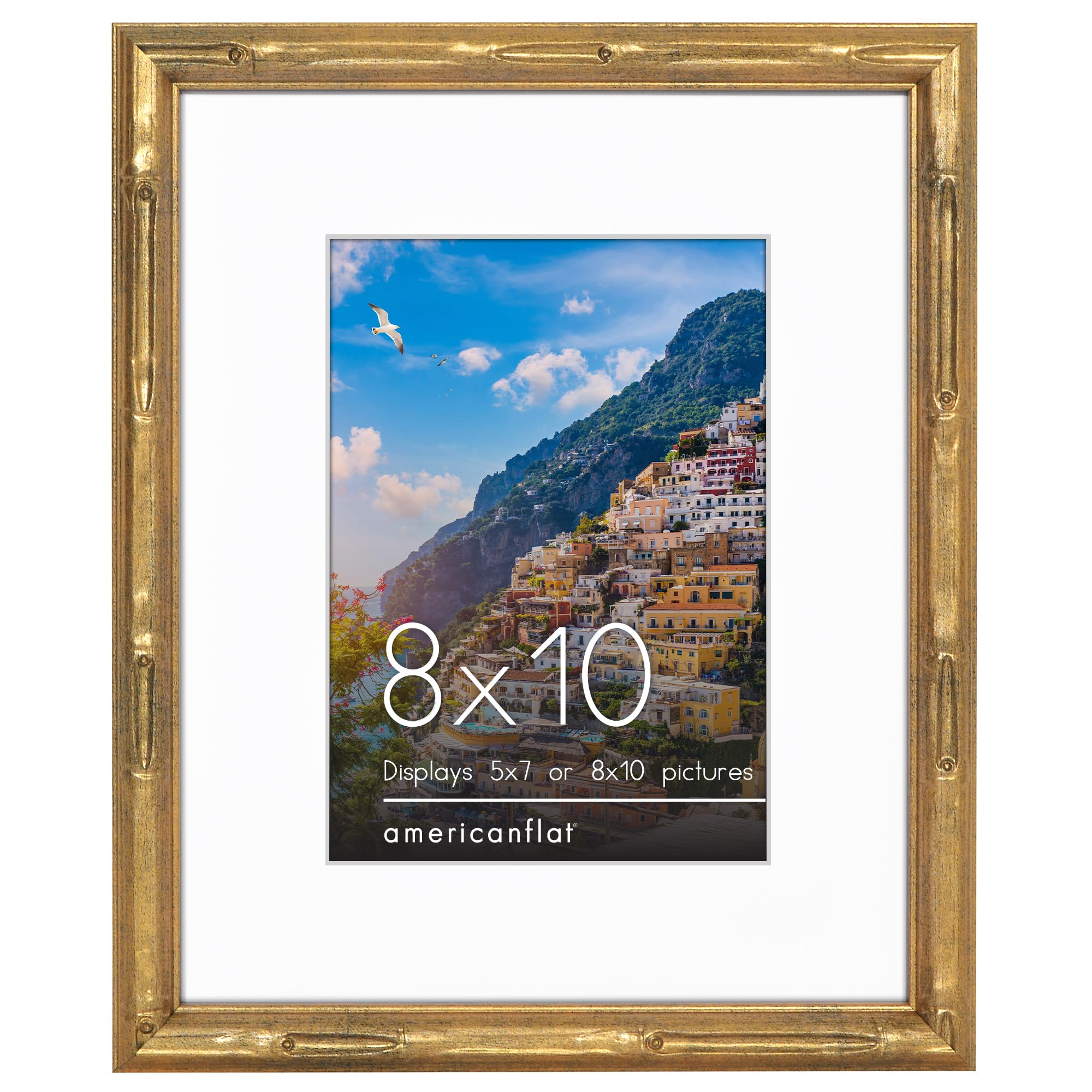 Americanflat 8x10 Picture Frame with Bamboo Design - Gold Bamboo Frame with Shatter-Resistant Glass - Use as 5x7 Frame with Mat or 8x10 Frame Without Mat - Faux Bamboo Photo Frame for Wall or Tabletop