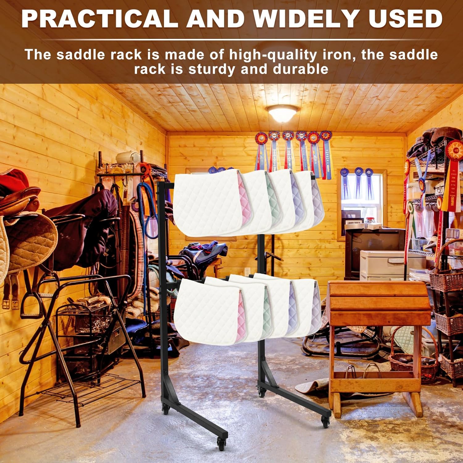 8-Arm Saddle Pad Rack with Wheels, Removable Horse Blanket Holder Space Saving Horse Saddle Pads Stand for Barn Stable Farm Trailer Accessories