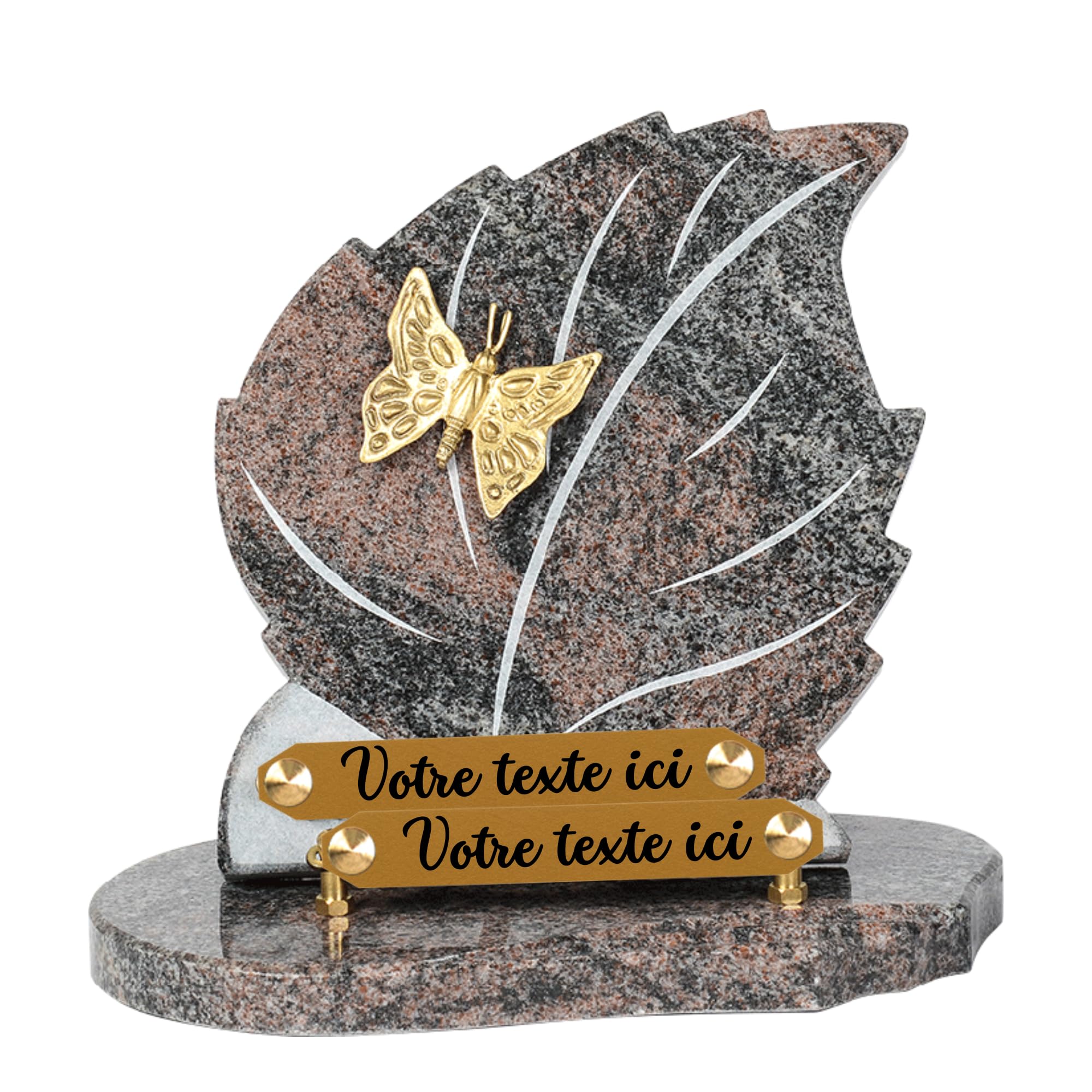 Plaque funéraire personnalisée Feuille - Granit - assemblée en France - Gravure Feuille Bronze Papillon - L 18 X H 25 cm - 2 textes
