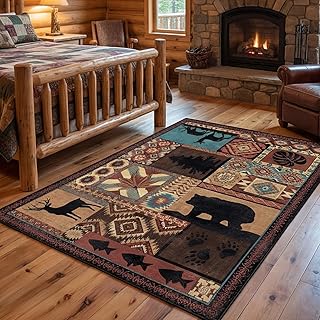 5x7 Living Room Area Rug, Washable Rustic Lodge Bear Rugs Non Slip Low Pile