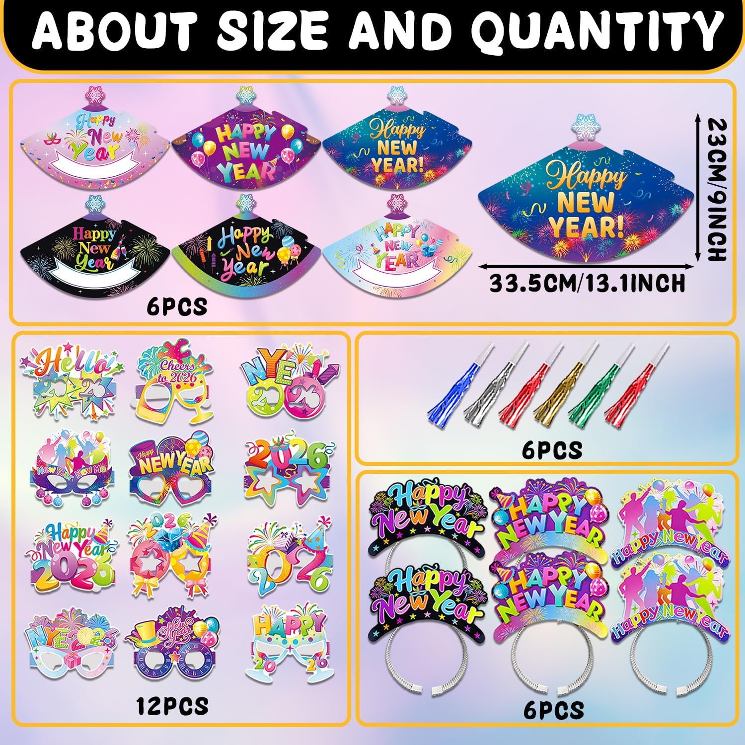 Colorful New Years Eve Party Supplies 2026 For Kids, Happy New Year Favors-Headwear Eyeglasses, Top Hats, Party Blowers, 2026 Decorations Kit for New Year's Eve Party - Image 2