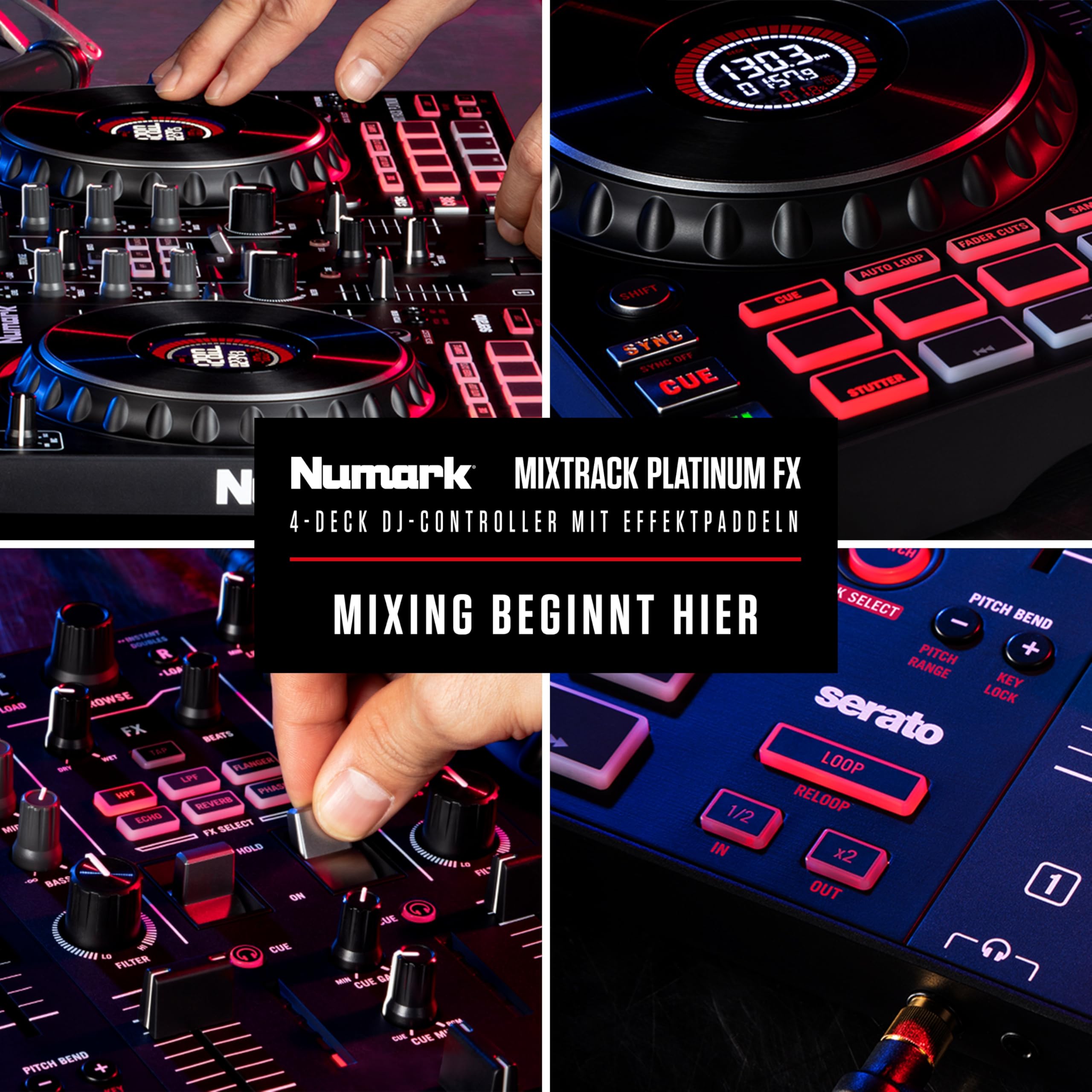 Numark Mixtrack Platinum FX - DJ Controller Pult mit 4-Deck Kontrolle, integriertem Audio Interface, Jogwheel-Displays und Effektpaddeln