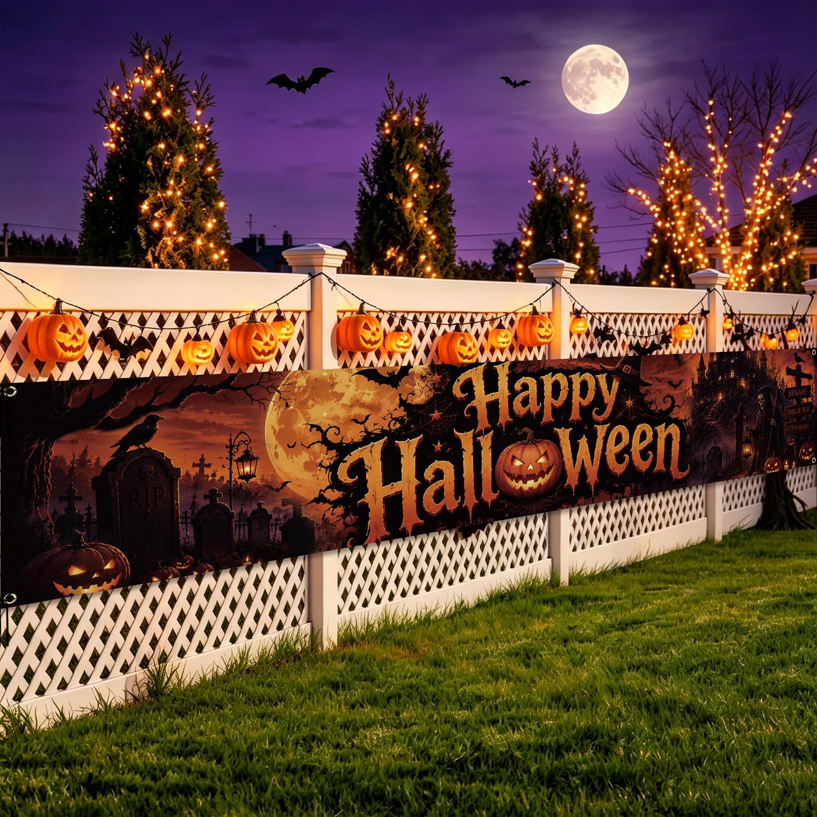 WANDIC Happy Halloween Banner, 50 * 300cm Large Halloween Backdrop Pumpkin Grave Skeleton Hanging Decor for Porch Party Outdoor Fence Garage Garden