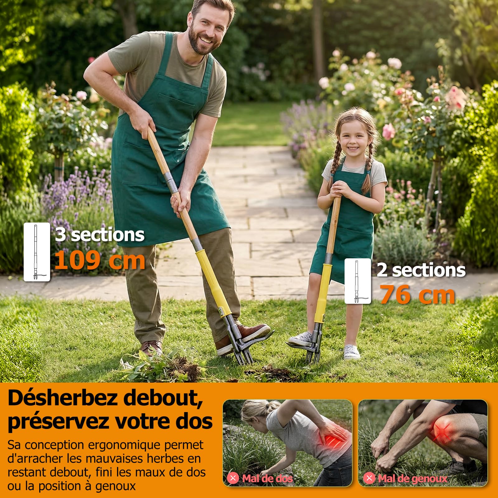 Désherbeur Manuel Extracteur de Mauvaises Herbes, Outil de Désherbage Debout 109 cm à Long Manche et Système d'Éjection, Arrache-Racines 4 Griffes, Cadeau Jardinage