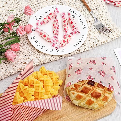 Miniatura 5 de Whaline 150 hojas de papel de cera para el día de San Valentín, diseño de corazón rosa a rayas rosadas, papel de picnic a prueba de grasa,