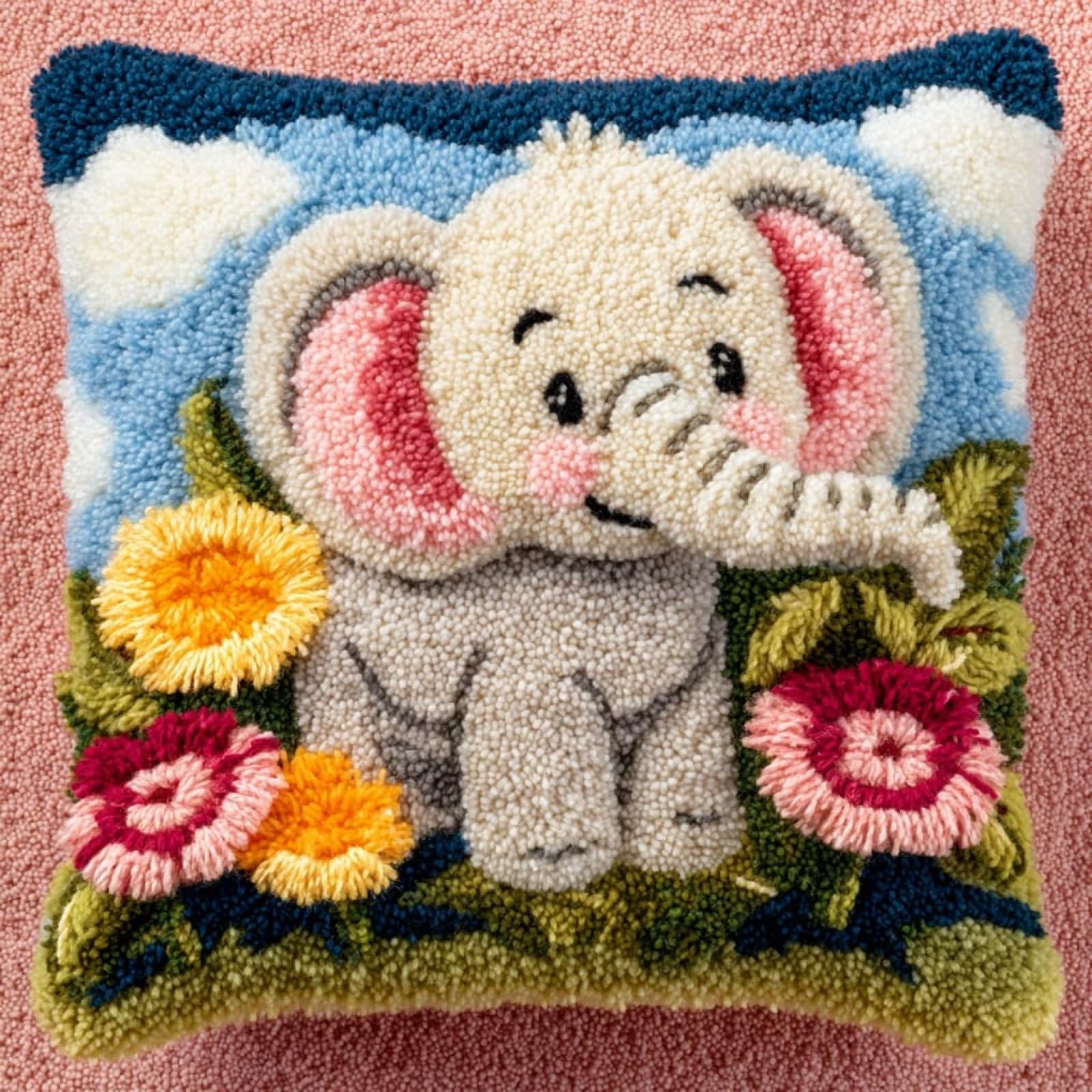 Henypt DIY Latch Hook Cushion Kit,Elephant and Flowers 43x43cm Decorative Pillow Cover Craft Set,DIY Craft Set Perfect for Living Room & Gifting