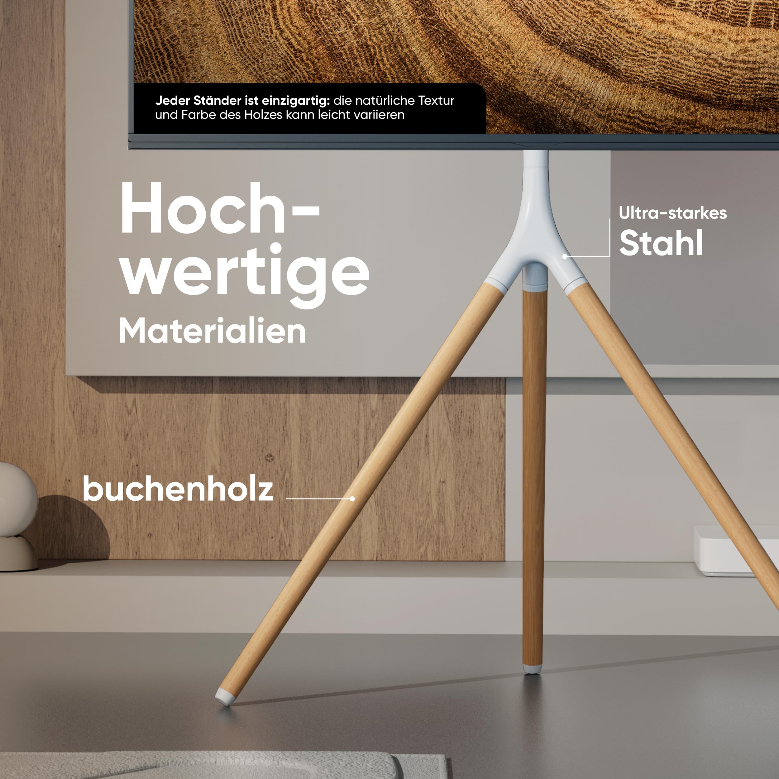 ONKRON TV Ständer Dreibein für 32-65 Zoll Fernseher bis 35 kg, Staffelei TV Standfuss höhenverstellbar schwenkbar, VESA 100x100-400x400, Fernseher Tripod Stand aus Holz Weiß TS1220-W