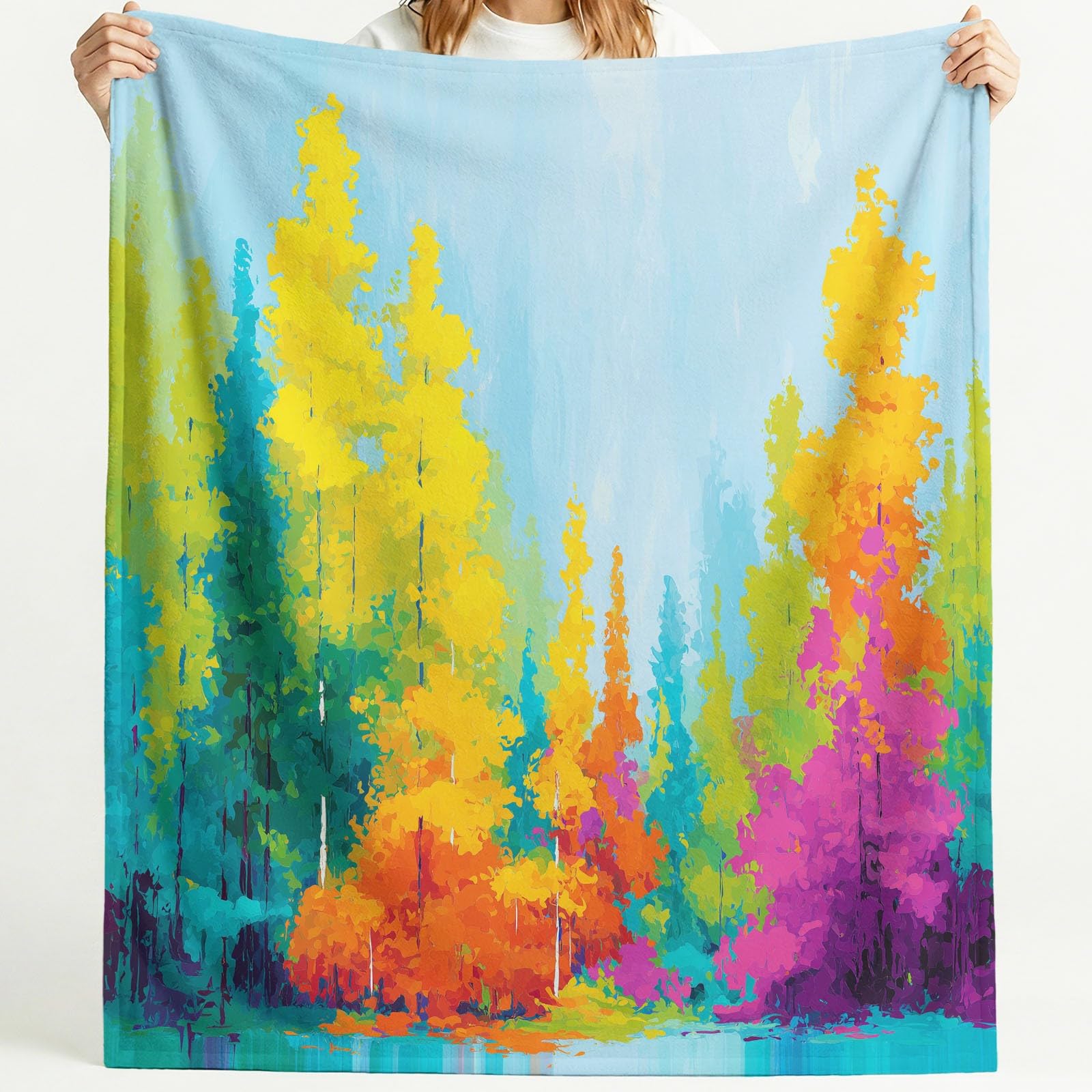 Generisch Przytulny koc polarowy, artystyczny, abstrakcyjny, naturalny las, 180 x 200 cm, koc na kanapę, puszysty koc z mikrofibry, narzuta na sofę, do sypialni