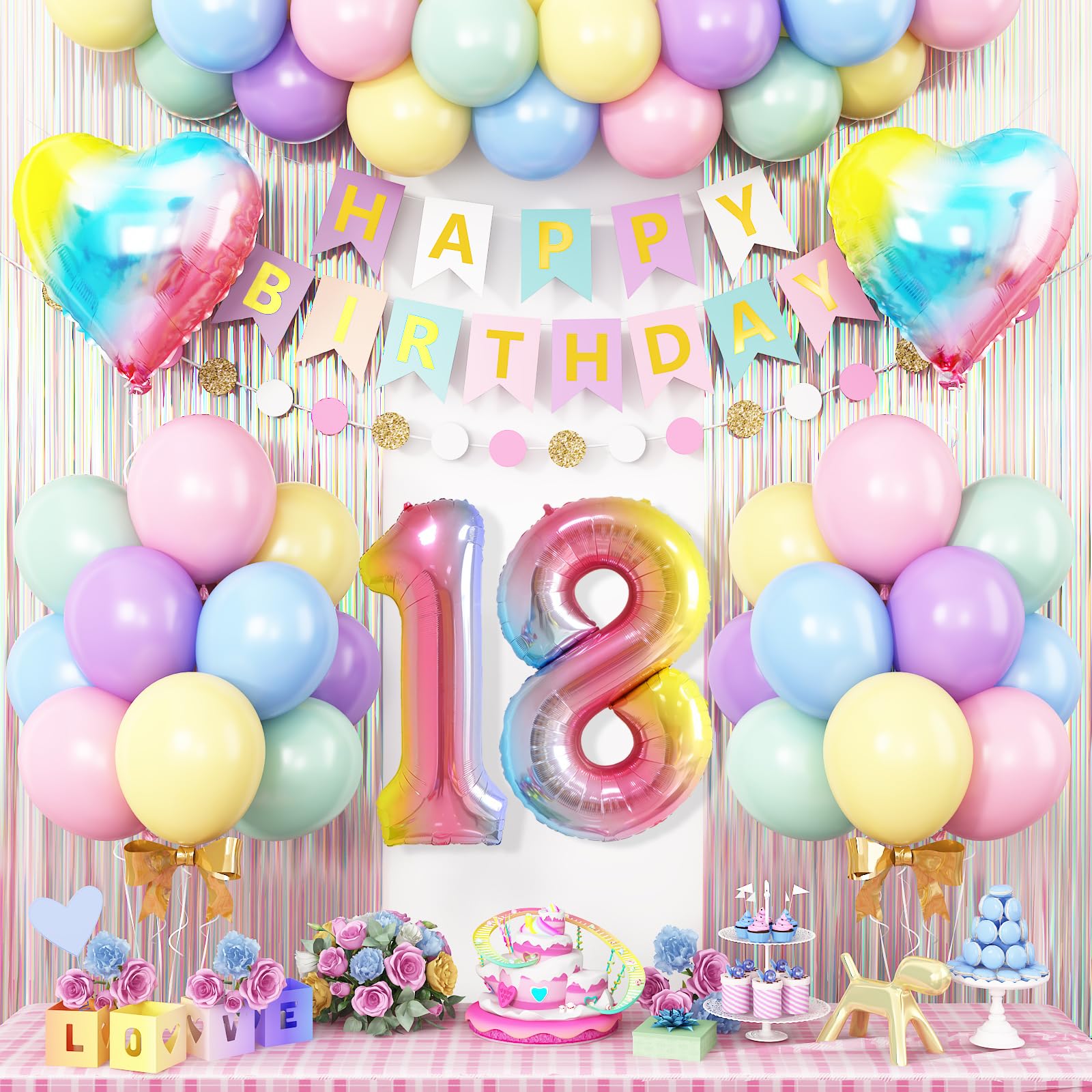 18th Birthday Decorations Rainbow,Gradient Number 18 Balloon,Pastel Happy Birthday Banner Fringe Curtain Heart Foil Balloons Boys Girls 18 Year Old