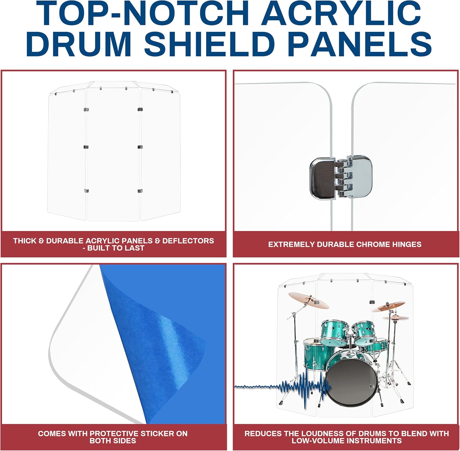 PENNZONI Drum Shield 5ft w/Deflectors & Chrome Hinges, Comes w/ 3 Drum Panels, 3 Deflectors, Chrome Hinges & Deflector Connectors, Premium Clear Acrylic Panels