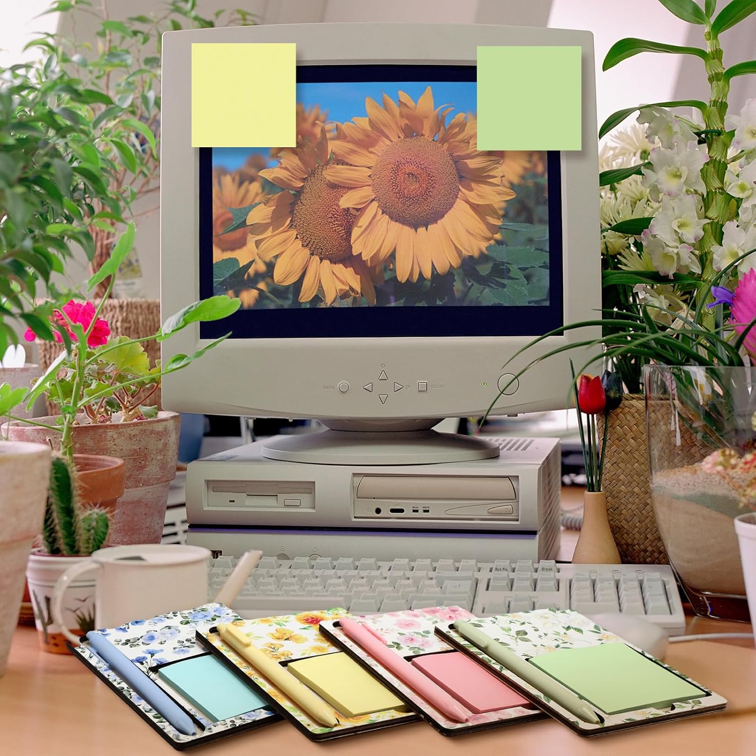 36 Pcs Flowers Wooden Sticky Note Holder Set Gifts for Mother Day Teacher Appreciation Gifts with Notes and Ballpoint Pens Floral Sticky Notes Notepad Holder Thank You for Coworker Employee