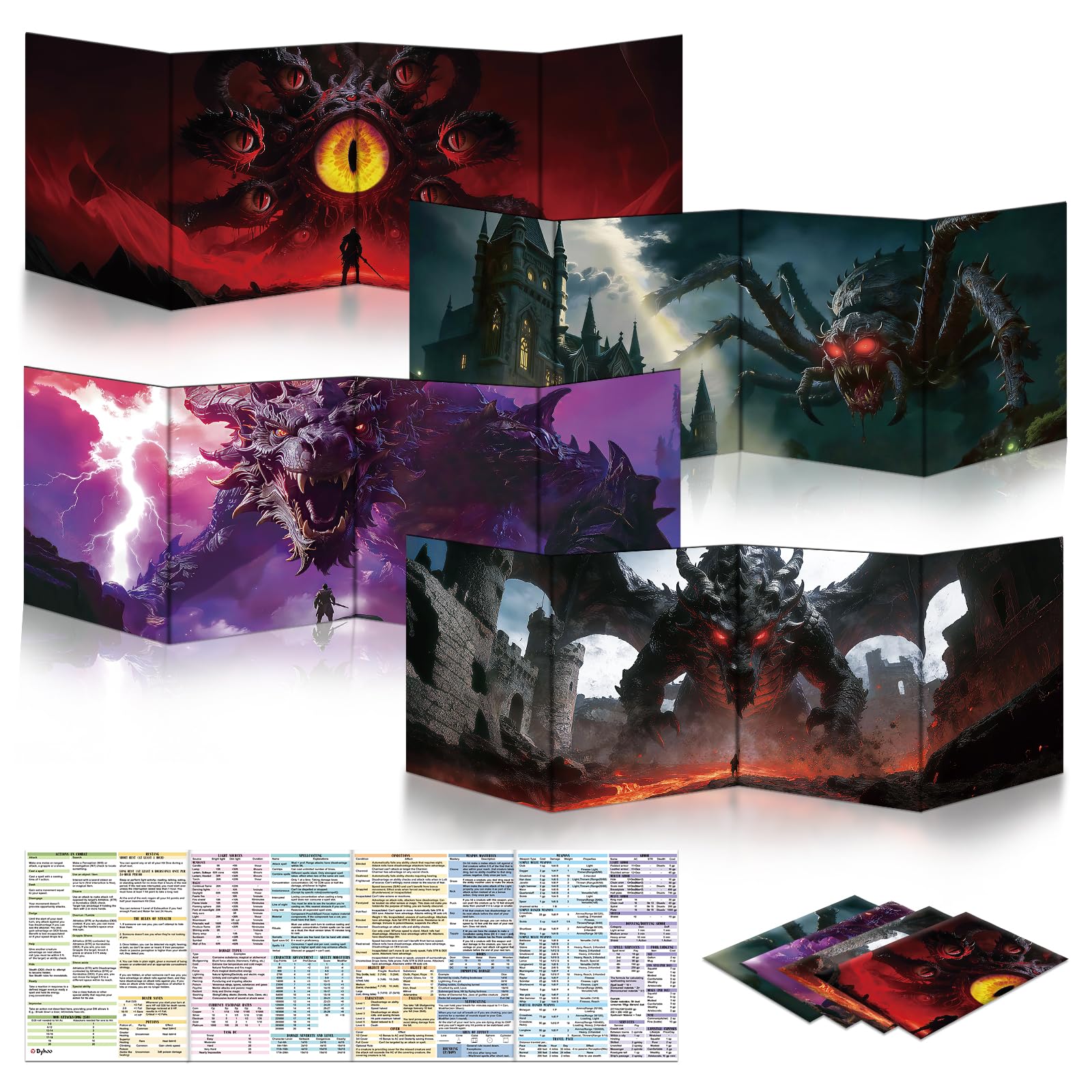 Byhoo DM Screen 4 PCS for D&D 5E, Immersive DND DM Screen Accessories, Monstrous Horror, Dry Erase Surface with Stands