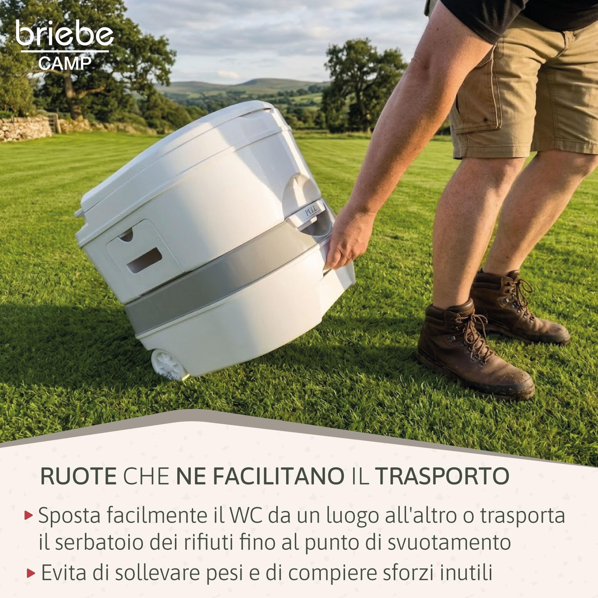 briebe Camp WC Portatile 24L Bagno Chimico, Campeggio, Camper, Roulotte, Barca e Outdoor, Serbatoio di Scarico dell'Acqua con Pompa a Pistone 20L, Potty