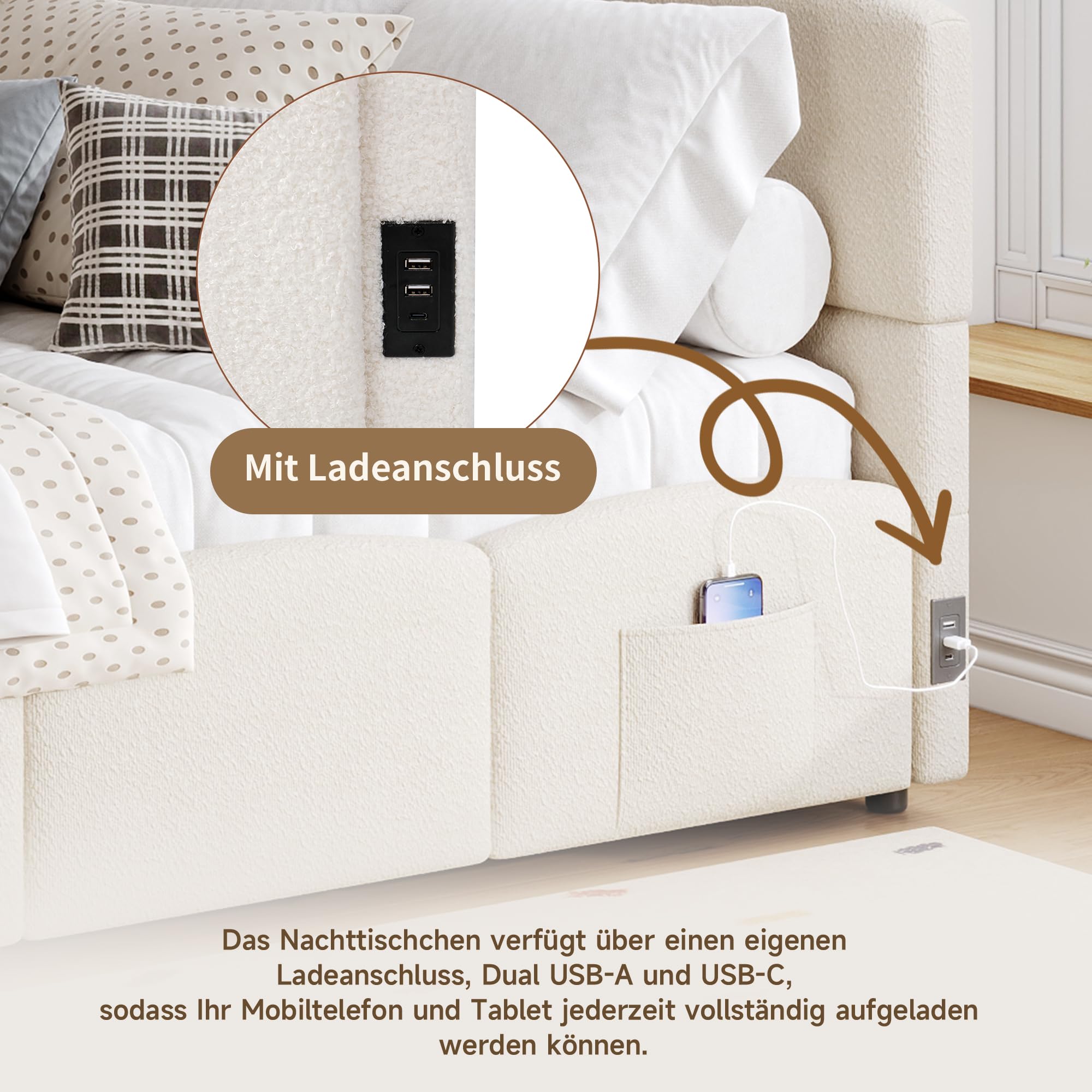 Cama acolchada de 90 x 200 cm, cama infantil, cama individual, cama de almacenamiento, sofá cama, somier de láminas, tejido de flores, cargador USB, bolsa de almacenamiento, beige (colchón no