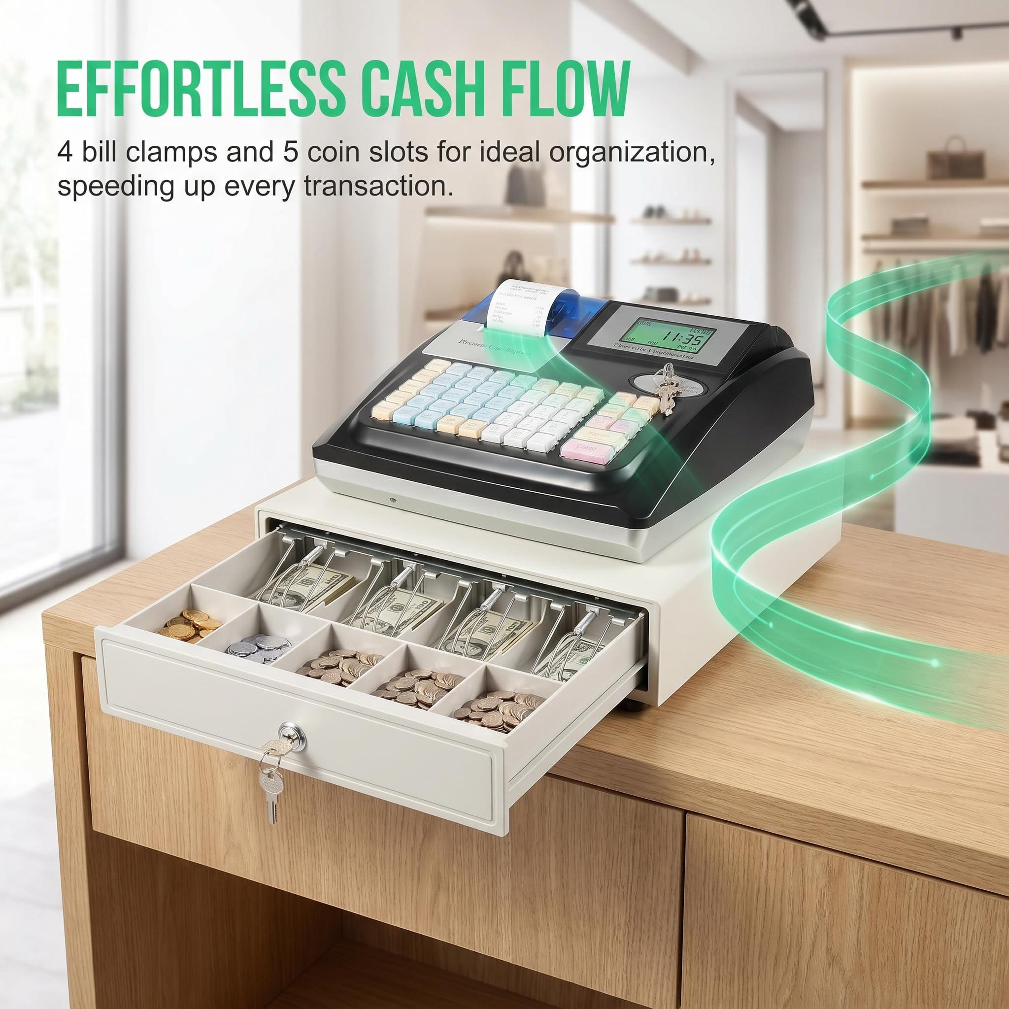 Caja Registradora Electrónica De 48 Teclas para Pequeños Negocios, Pantalla Led Profesional, Impresora Térmica De Recibos, Sistema Tpv Compacto con Cajón, Ideal para Comercios Y Restaurantes.