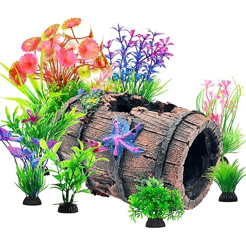CousDUoBe Fish Broken Barrel Decor Fish Tank Decorations Betta Fish Tank Accessories,Starfish Barrel x 1pc, Aquarium Plants x 8pcs