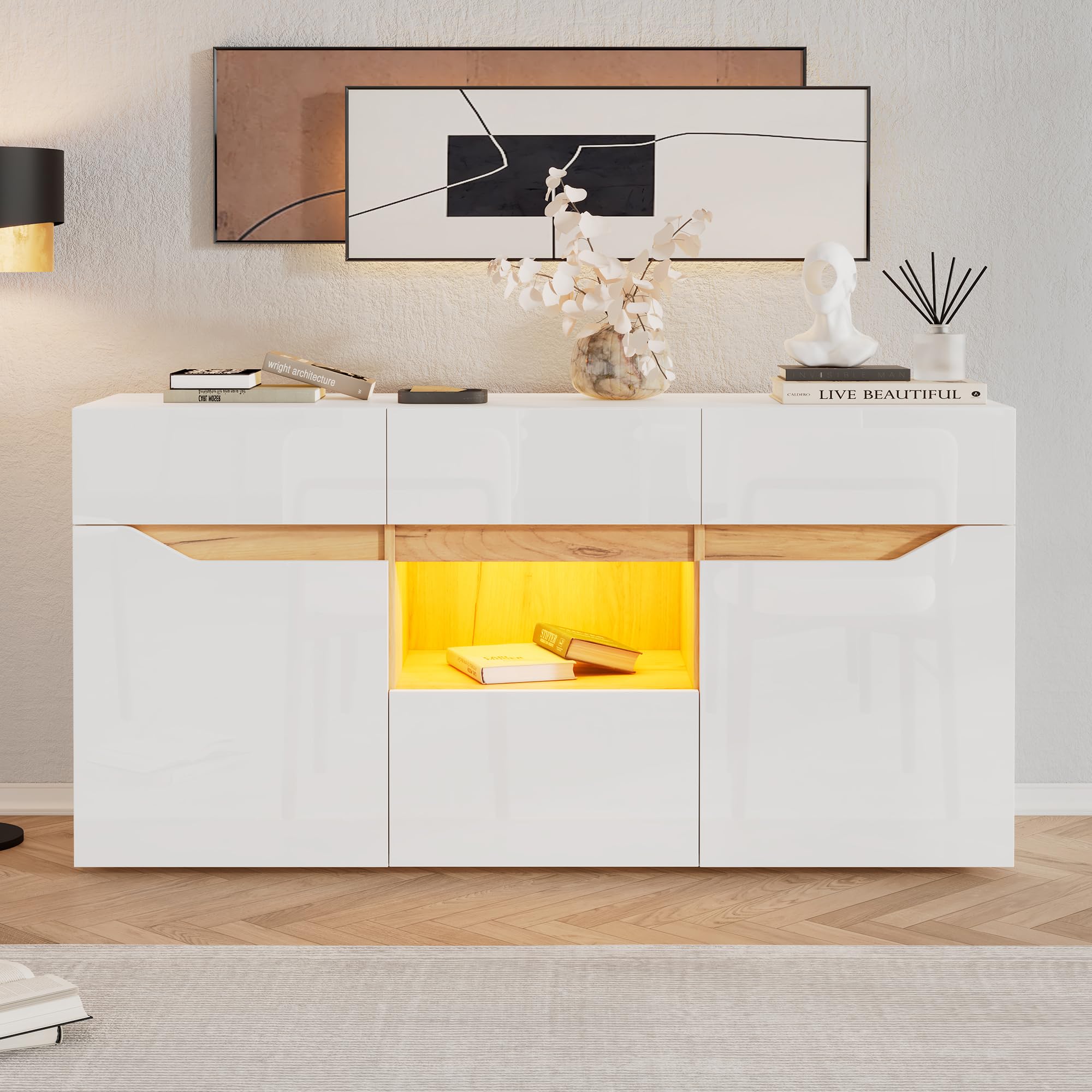 Merax Aparador blanco brillante moderno con iluminación LED, armario de cocina, armario buffet con 2 puertas, 4 cajones, armario multiusos para comedor, salón, cocina