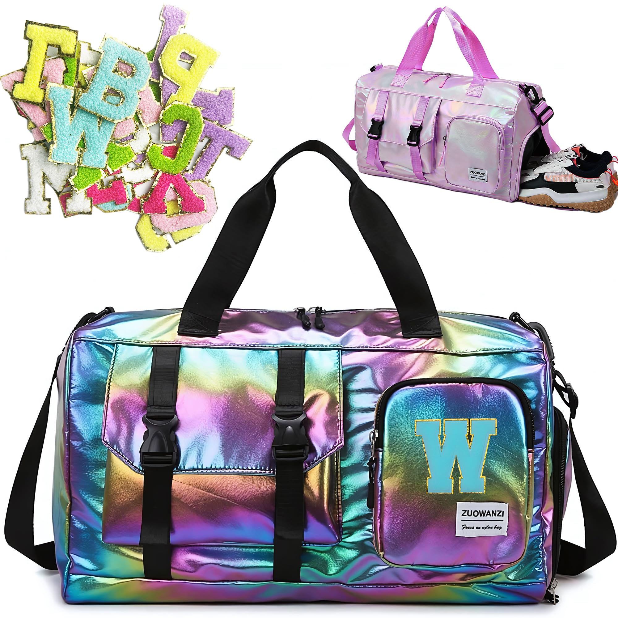 Borsone da Viaggio, Bagaglio a Mano Borsa da Viaggio con Scomparto per le Scarpe,Borsa per Attrezzatura Sportiva con Zip,45 x 26x 21 cm,26 toppe ricamate con lettere Adesivi
