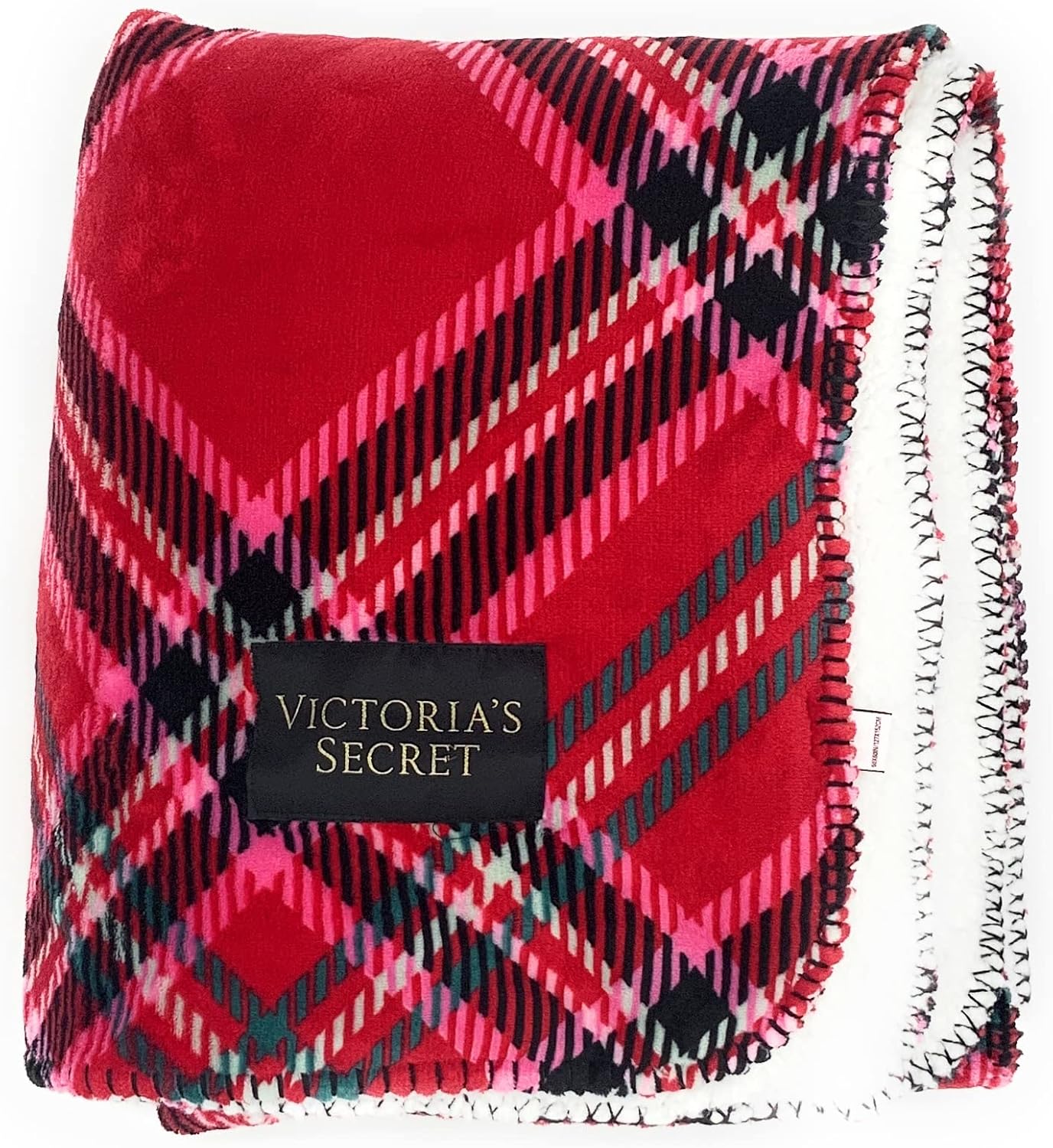 Victoria's Secret Soft Sherpa Throw Blanket, Red Pink Plaid