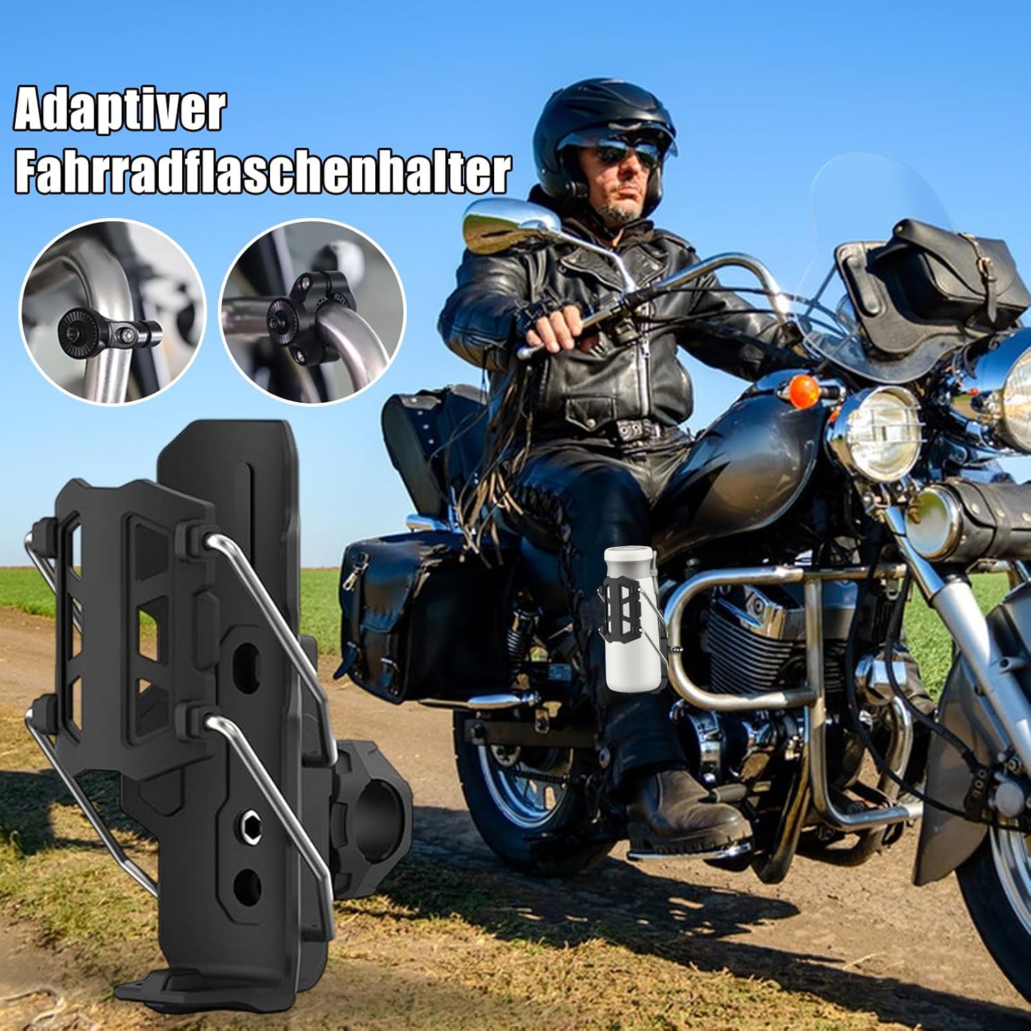 自転車ボトルケージ, 自動クランプ式バイクカップケージ, バイクやロードバイクのハンドルバーに適した360度回転式ボトルホルダー