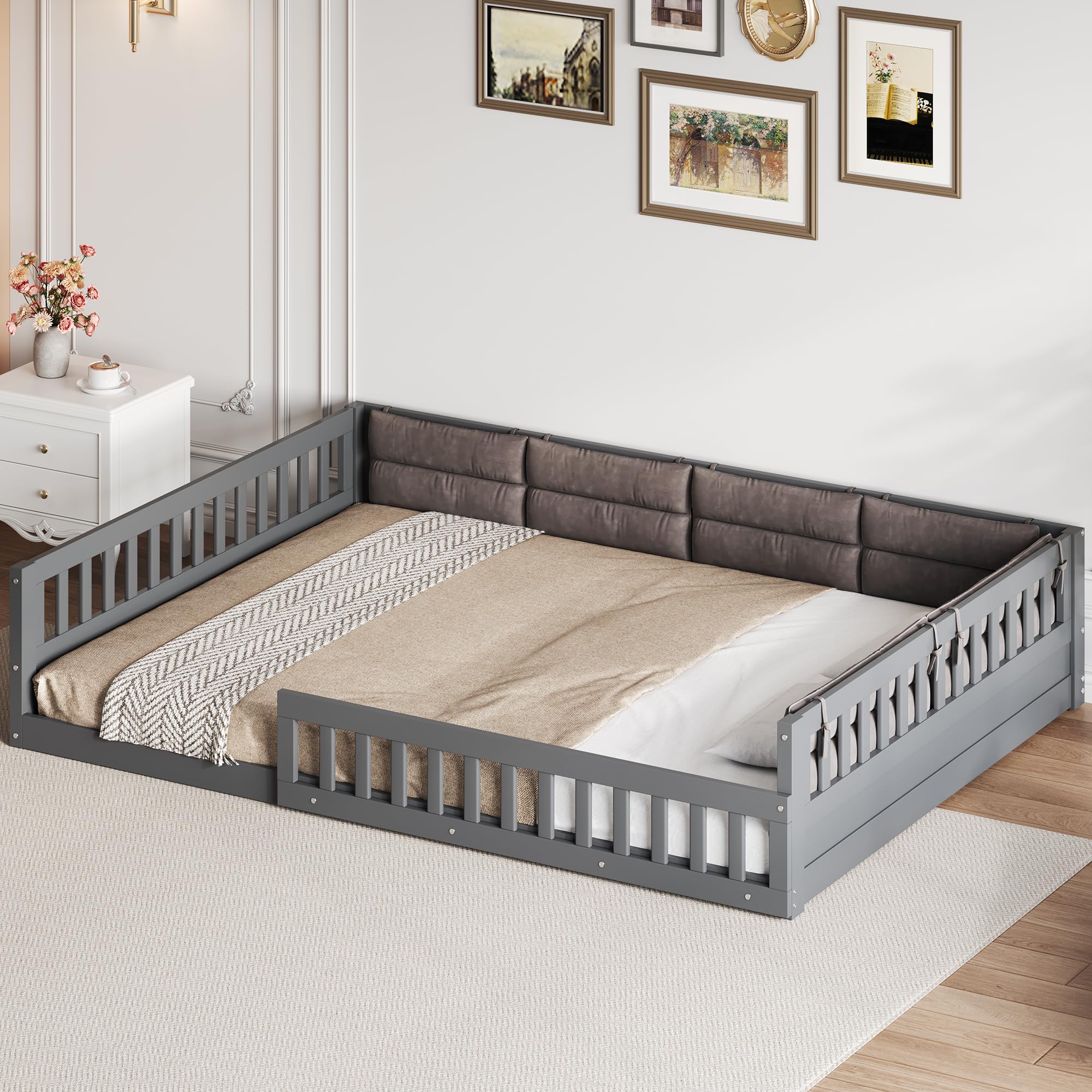 Merax Full Size Upholstered Platform Bed with Guardrail &amp; Pillow, Solid Pine Wood Bed Frame, No Box Spring Needed, 600 lbs Capacity Safety Guaranteed Easy to Assemble for Bedroom, Gray